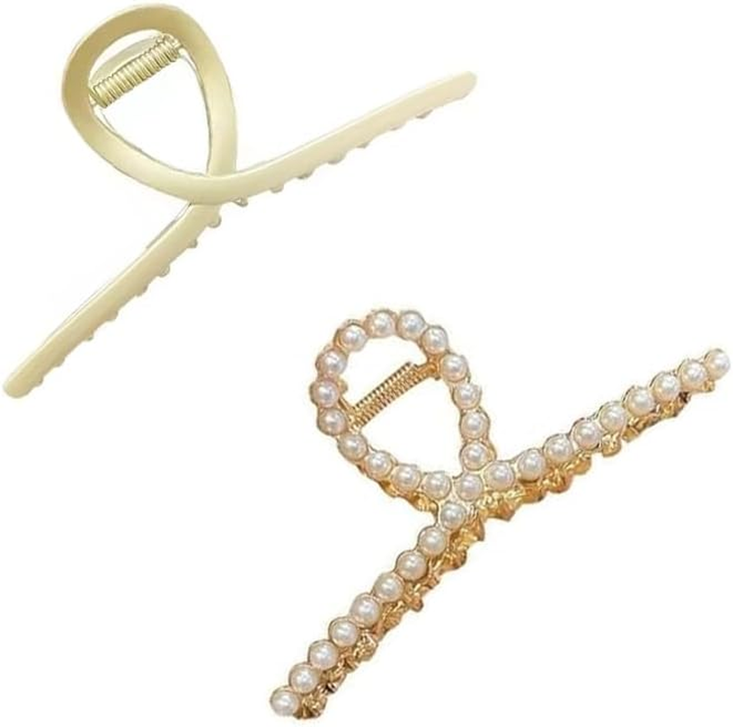2 Pcs Matte Gold Pearl Gold Large Metal Hair Claw for Women with Pearls Non-Slip Hair Clips Thick Hair Threaded Gold Claw Clips Shining Strong Crab Claws Cross Hair Barrettes Hair Clips image number 1