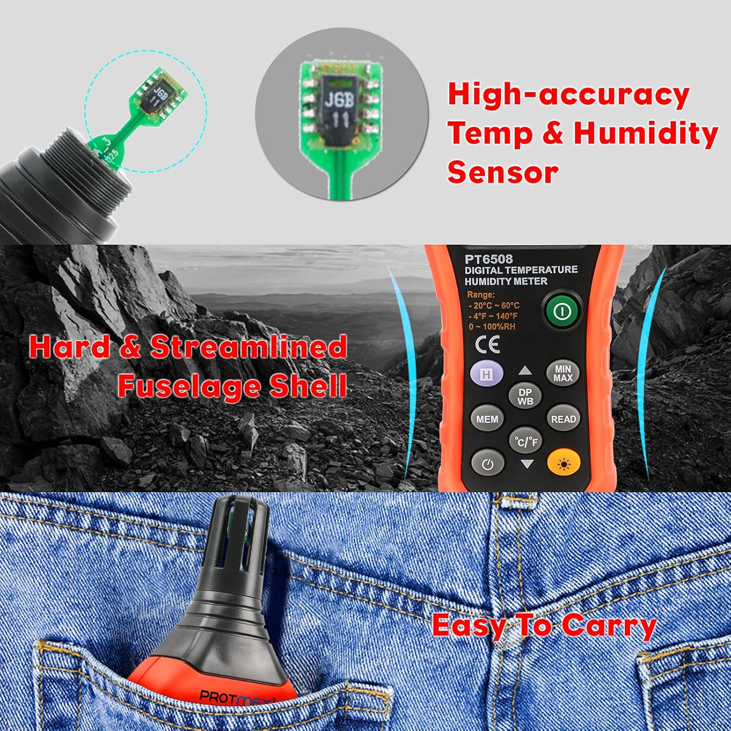 MS6508 Digital Humidity and Temperature Meter Three Types of Temperature Ambient Temperature Dew-Point Temperature Wet Bulb Temperature Min/Max Data Hold and Store LCD Backlight Monitor Thermometer image number 2