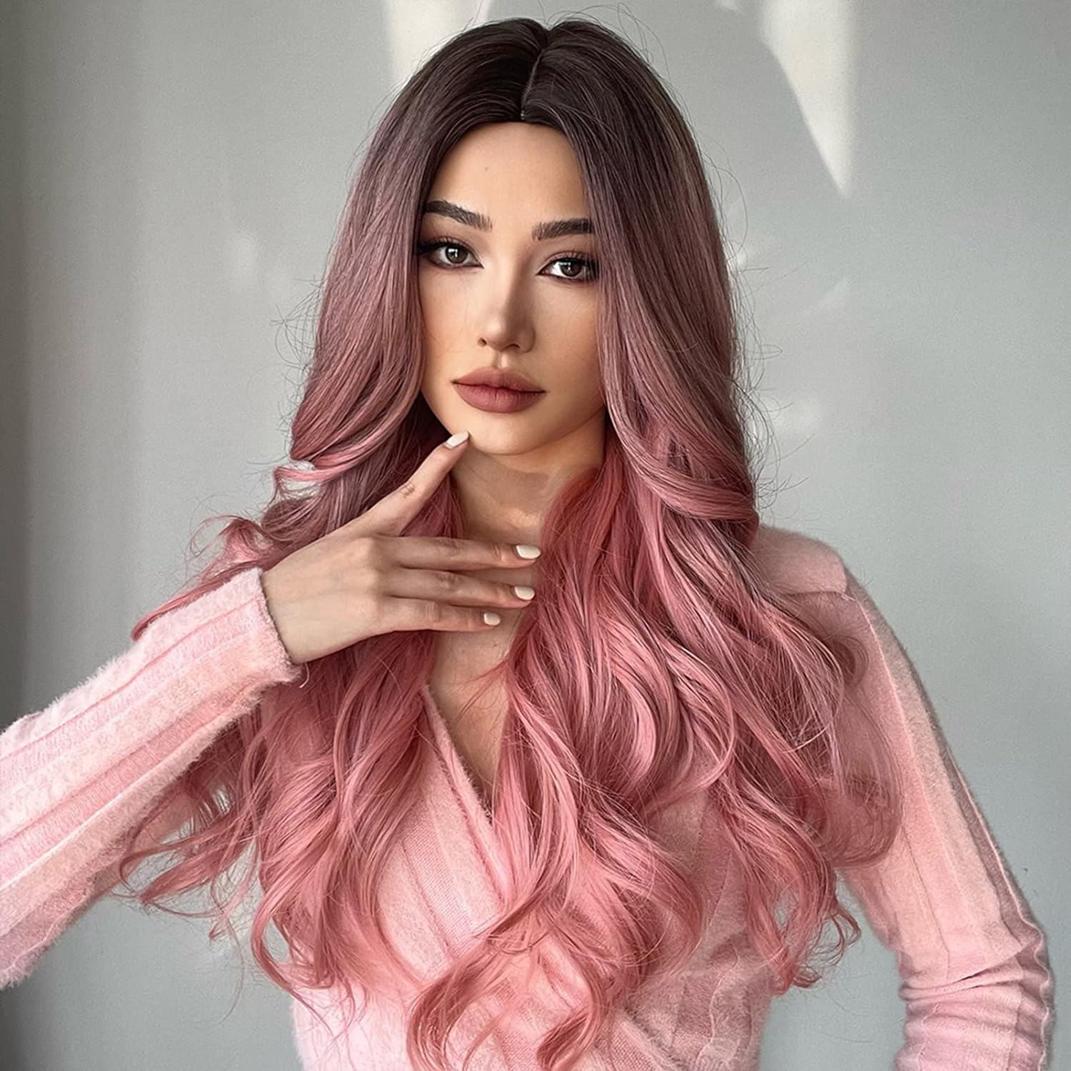 Eacam Pink Wigs Long Curly Wavy Hair Wigs for Women Wig Synthetic Straight Cos Wigs Heat Resistant Synthetic Hair Pink Curly Wavy Wig for Party Cosplay Daily Use image number 5