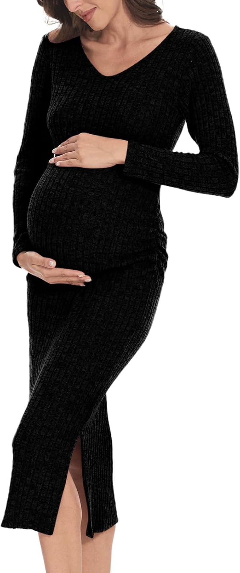 Maternity Sweater Dress,Turtleneck Ribbed Long Sleeve Maternity Dress for Casual/Photoshoot/Baby Shower