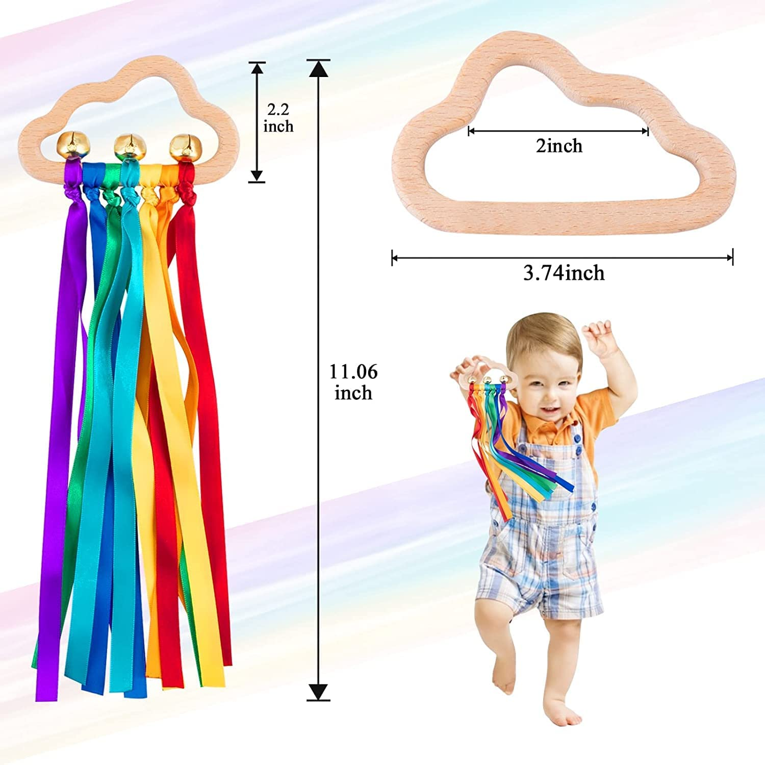 2 Pcs Waldorf Rainbow Hand Ribbon Kite Montessori Wooden Baby Toys Rainbow Twirler Stick with Bell for Babies Toddler Sensory Toys Rings image number 2