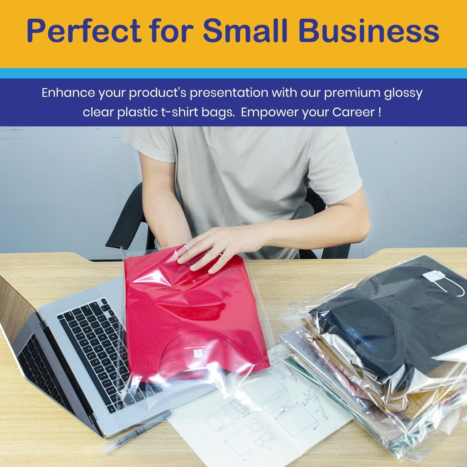 100PCS Thick Clear Plastic Cellophane T-Shirt Packaging Bags with Clothing Size Stickers, Tee Shirt Packing Wrapping Clothes Bags, Resealable Self Seal Adhesive Apparel Bags (10.6X 14.5 Inch) image number 6