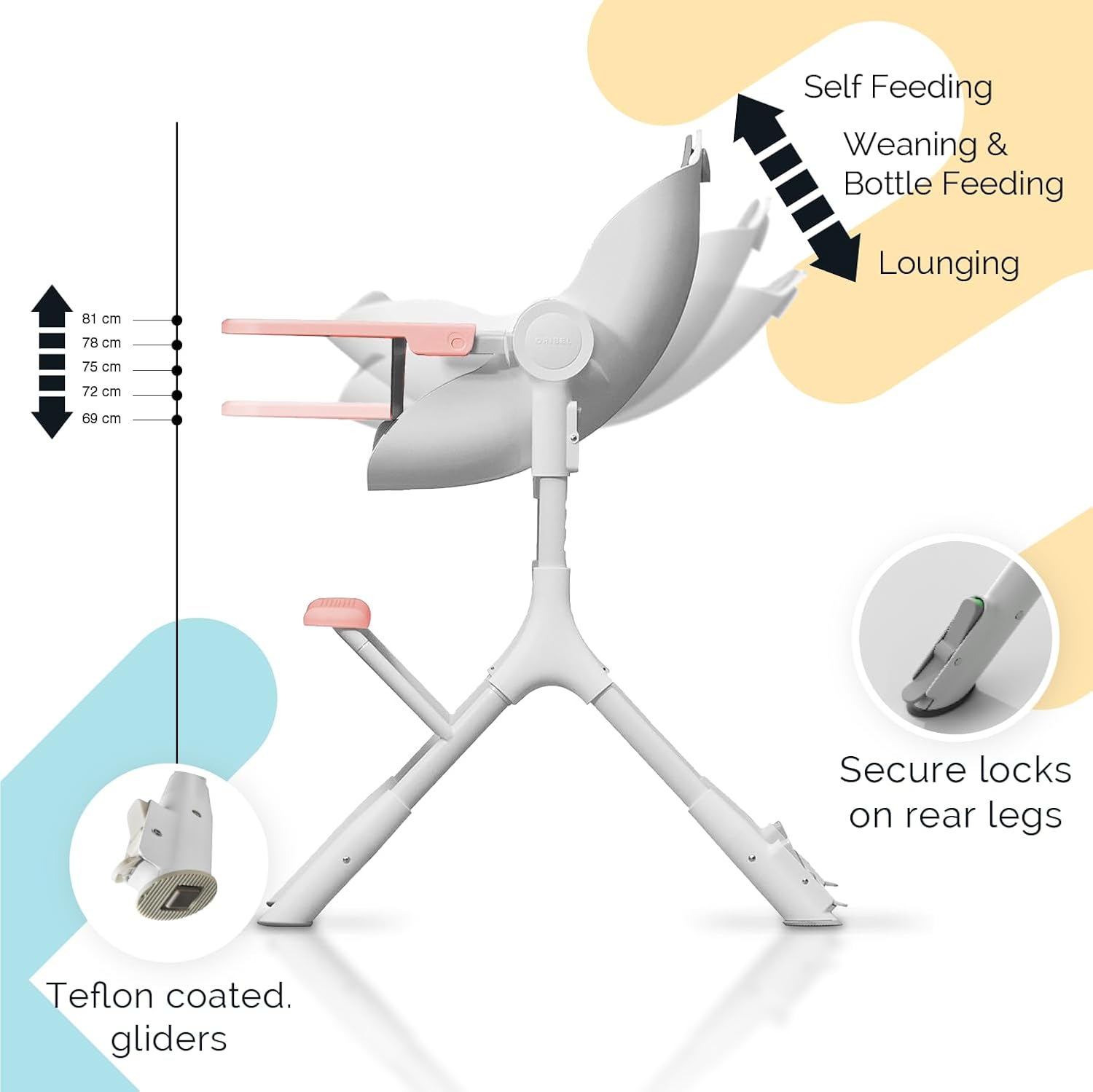Oribel Cocoon Z High Chair & Baby Lounger | Perfect High Chair for Toddlers/Newborns | Glides Easily on All Surfaces | Secure Locks | Convertible Chair for Feeding (Cotton Candy Pink) image number 2
