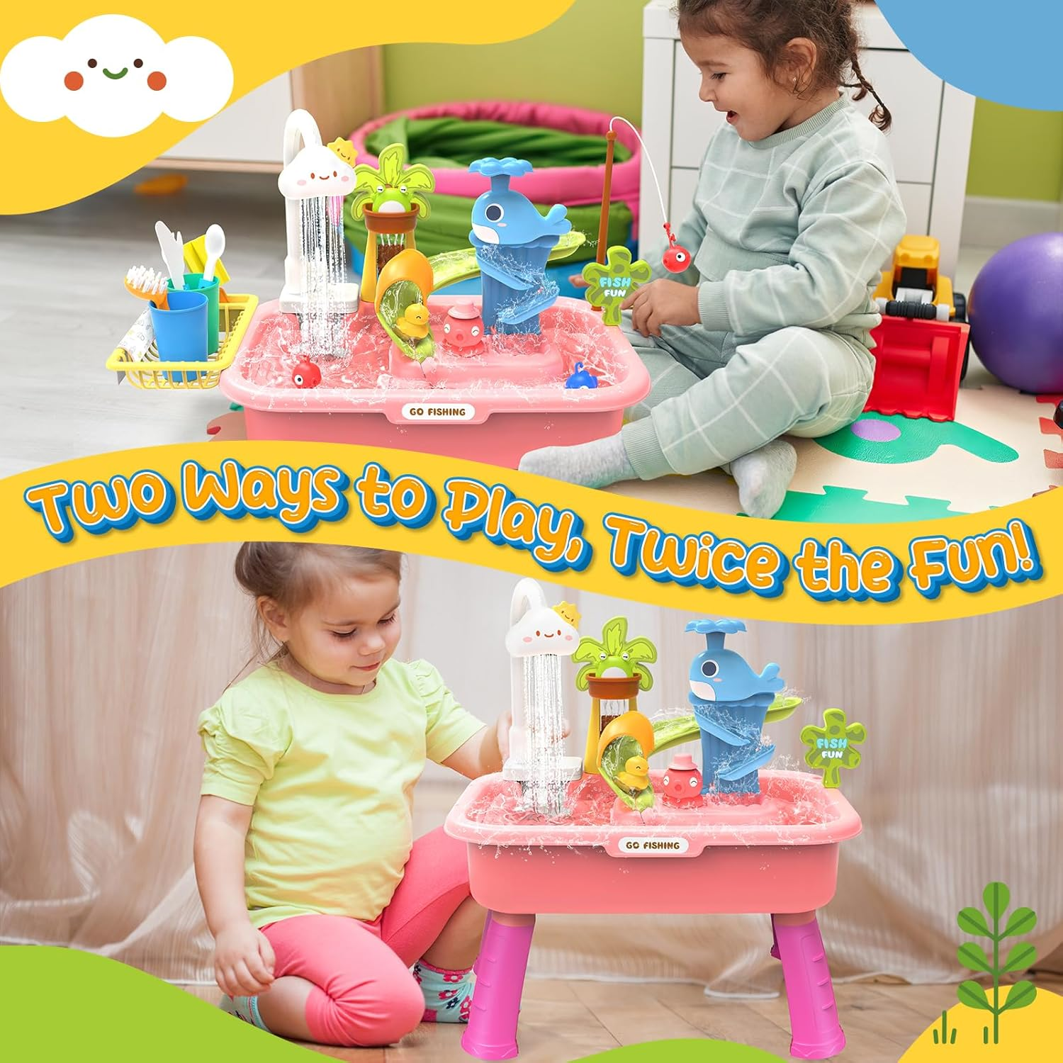 21" H Play Sink with Running Water, 4-In-1 Kids Kitchen Sink Toy with Electric Faucet, Mini Water Table with Detachable Legs, Fishing Game, Pretend Play Dishwasher Gift Set for Boys & Girls(Pink) image number 1