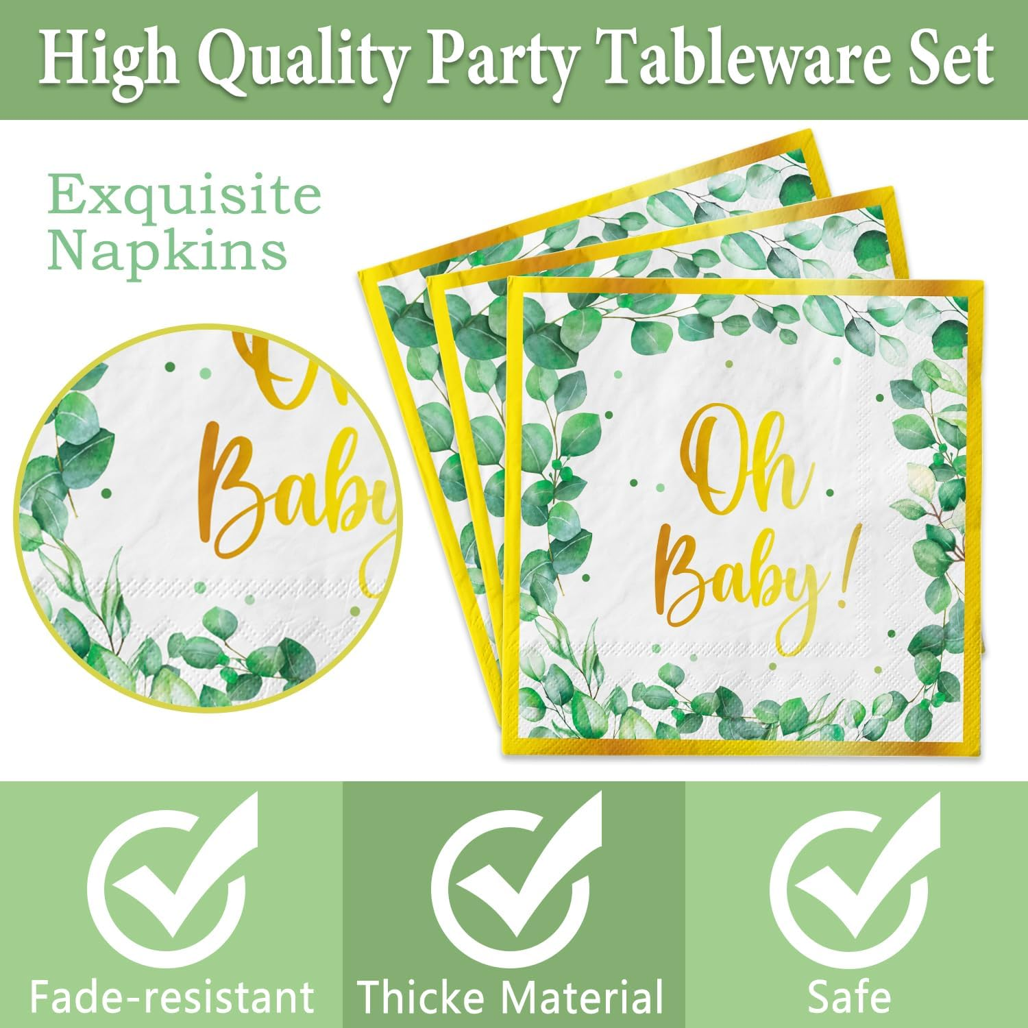 177 PCS Sage Greenery Baby Shower Party Supplies Gender Neutral Baby Shower Decorations OH Baby Banner Paper Plates Napkins Cup Cutlery Tablecloth for Girl Boy Sage Green Baby Shower Decorations image number 2
