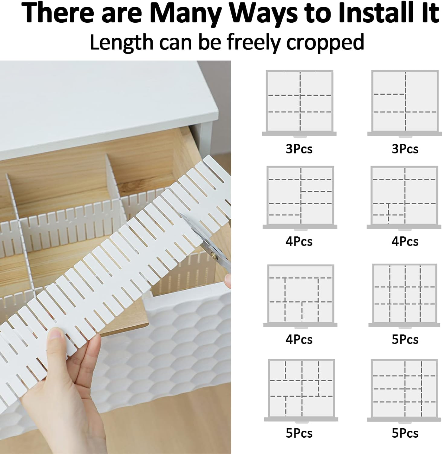 14.5 in White Adjustable Drawer Dividers, KUAOOAUK 8PC DIY Grid Drawer Organizer Dividers, Plastic Organizer Separator for Socks Underwear Makeup Cosmetic Clothes Can Help Tidy Kitchen Bedroom Dresser image number 5