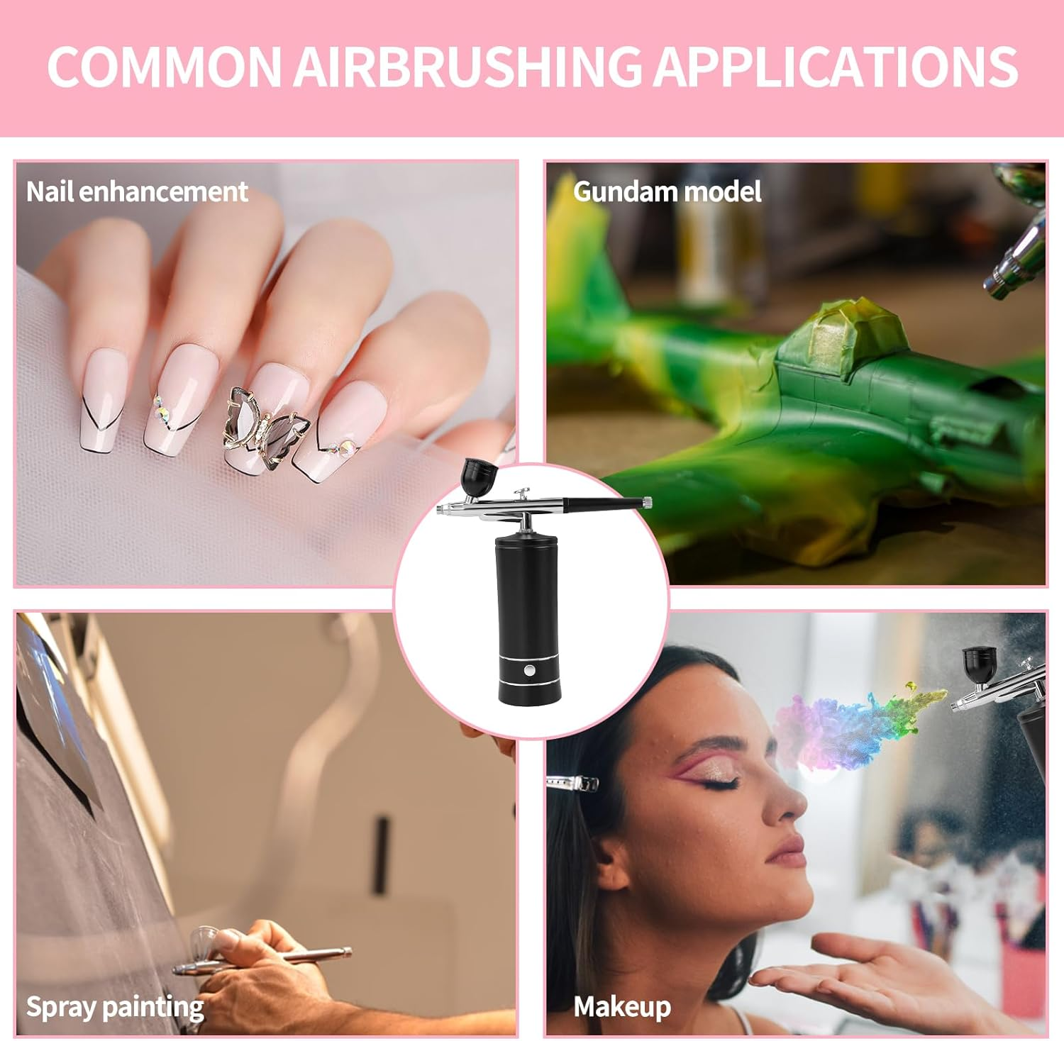 Airbrush-Kit Air Brush Kit with Airbrush Compressor Nail Charms Wireless Air Brush for Barber, Nail Art, Cake Decor, Makeup, Model Painting (Black) image number 5