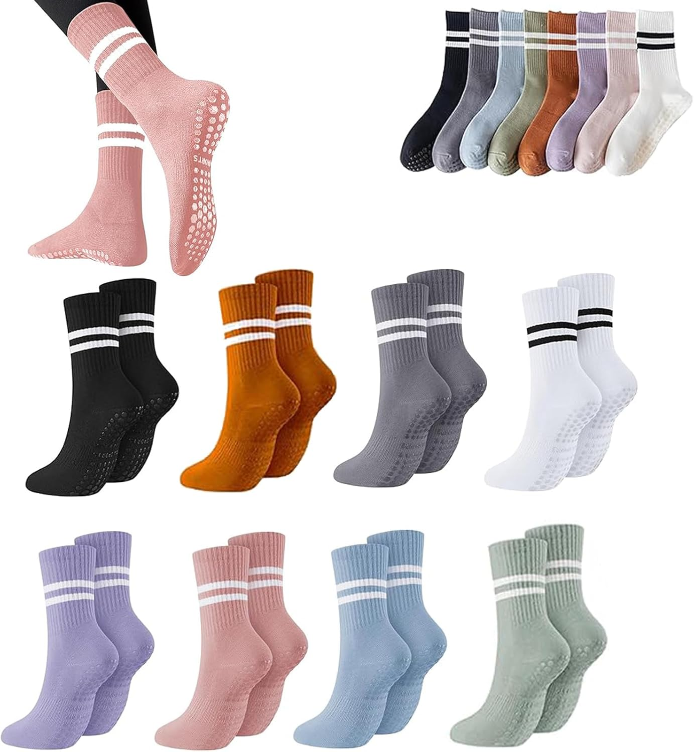 8 Pairs Pilates Yoga Socks with Grips for Women,Non-Slip Gym Trampolines Grip Sticky Soft Sport Socks,Mid Calf Design for Yoga Pilates Barre Dance Ballet Workouts, Assorted Colors image number 1