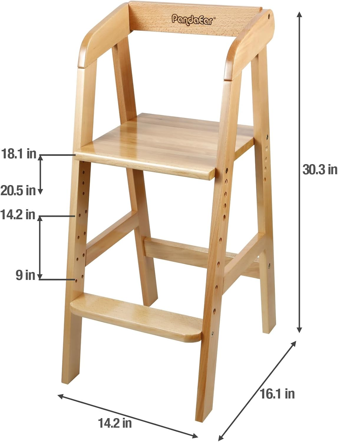 Pandaear Wooden High Chair for Toddlers, Adjustable Child Highchair Feeding Chair with Removable Cushion & Steps for Kids Dining, Eating, Studying