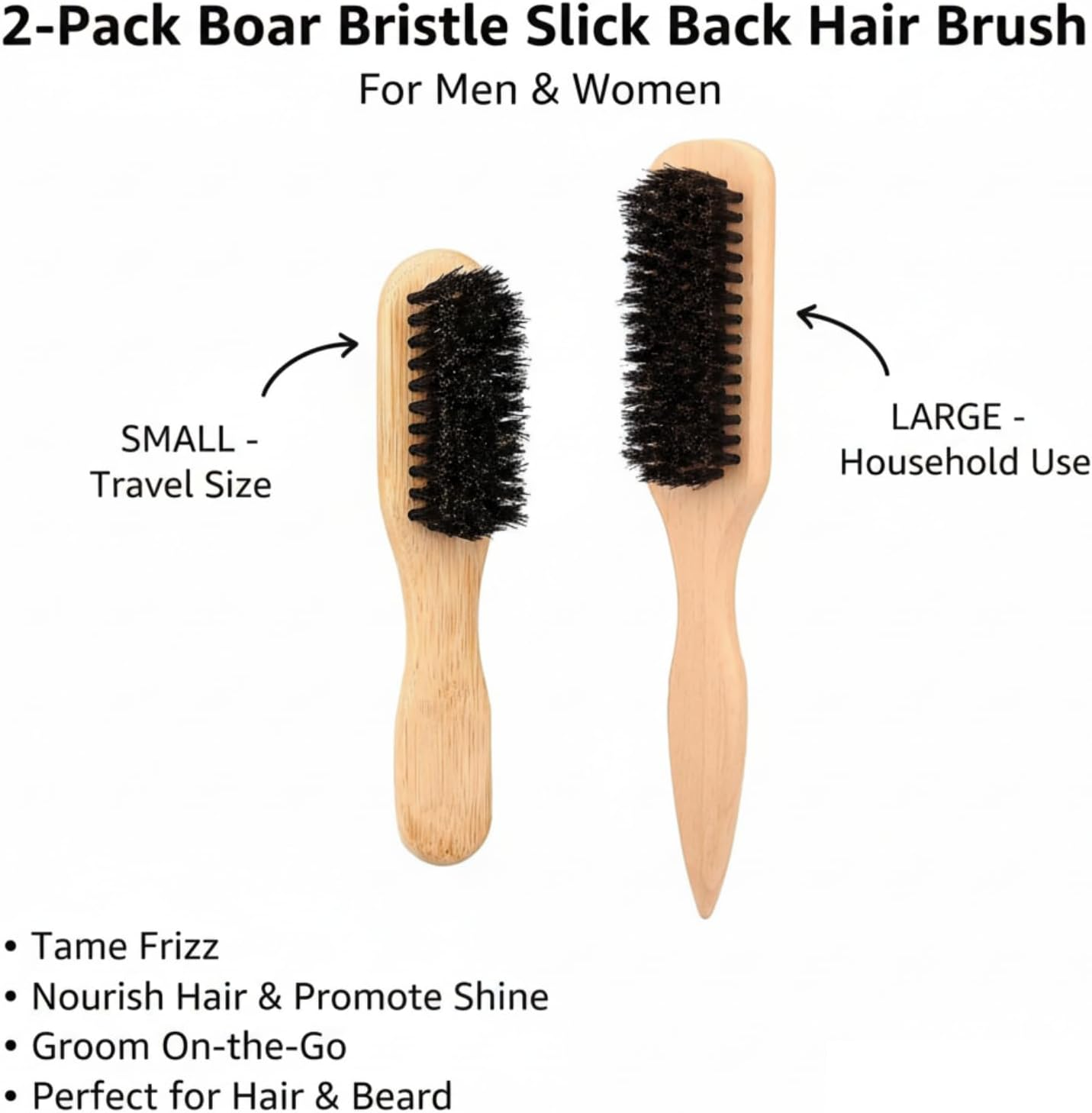 2 Pcs Boar Bristle Slick Back Brush, Tame Frizz Nourish Hair, Large & Small Grooming Tool for Men Women Hair Beard Travel Home image number 1