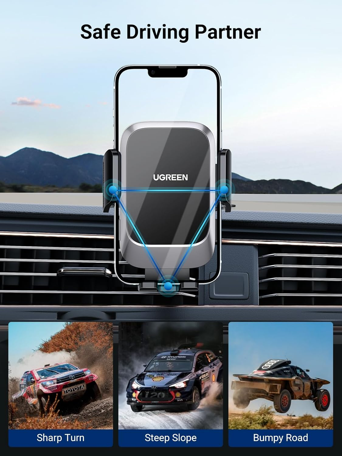 UGREEN 2 in 1 Car Phone Holder Mount for Dashboard Windshield Air Vent, Universal Cradle, Strong Suction Cup, Compatible with Iphone 16 Pro Max, Galaxy S24 Ultra