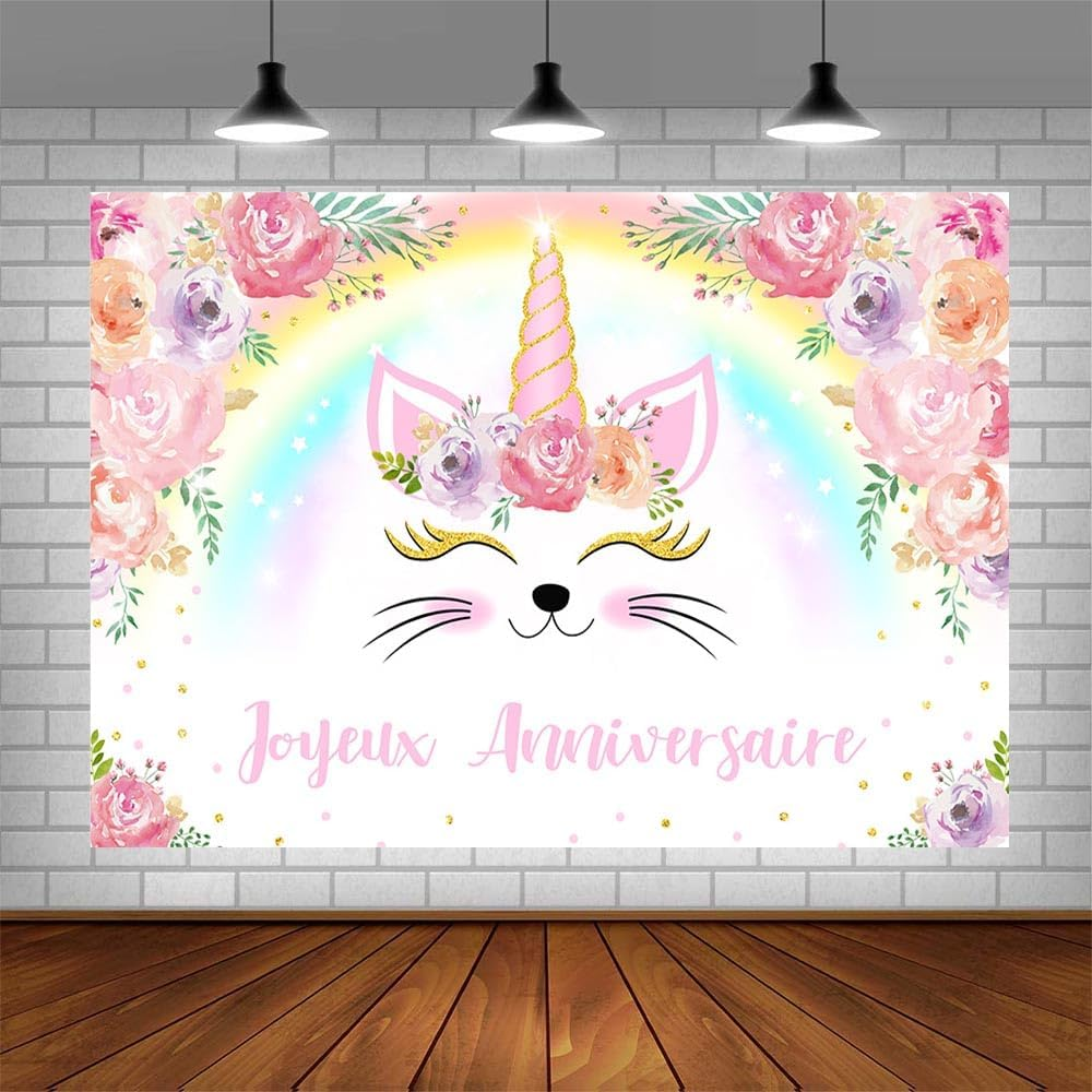 AIBIIN 7X5Ft Unicorn Birthday Backdrop for Girls Pastel Rainbow Floral Unicorn Glitter Stars Dots Joyeux Anniversary Party Banner Photo Props image number 4