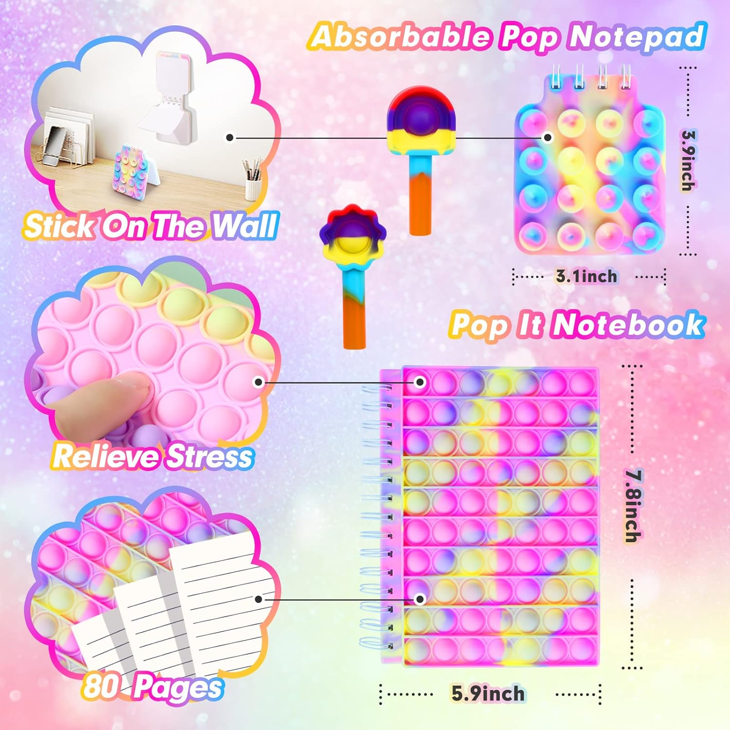 Large Pop Fidget Backpack for Girls, Pop It Bags&Pop It Notebook and Pencil Case for Kids' Fidget School Supplies for Elementary Student Stress Relief, Great Birthday Present Gift for Kids, Pink image number 1