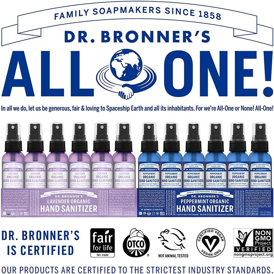 Dr. Bronner&rsquo;S - Organic Hand Sanitiser Spray (6-Pack) - Moisturising Travel Pack Sanitiser - Lavender & Peppermint - 6 X 59Ml image number 5