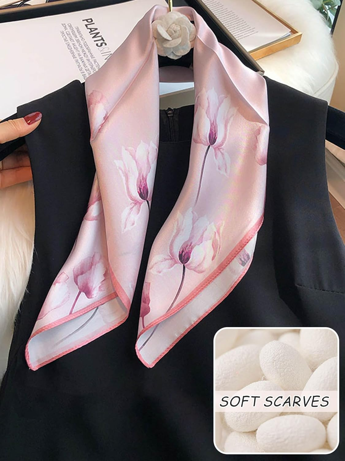 100% Mulberry Silk Scarf for Women Hair Lightweight Square Neckerchief Wrap for Head Scarves 21" - 22-Green Belt /21"*21" image number 7