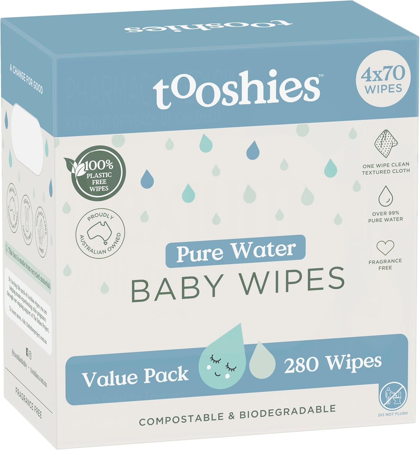 Tooshies Wipes | Pure Water Wipes | 100% Plastic Free | Biodegradable | Fragrance Free | 4 X 70Pk (280 Wipes) image number 2