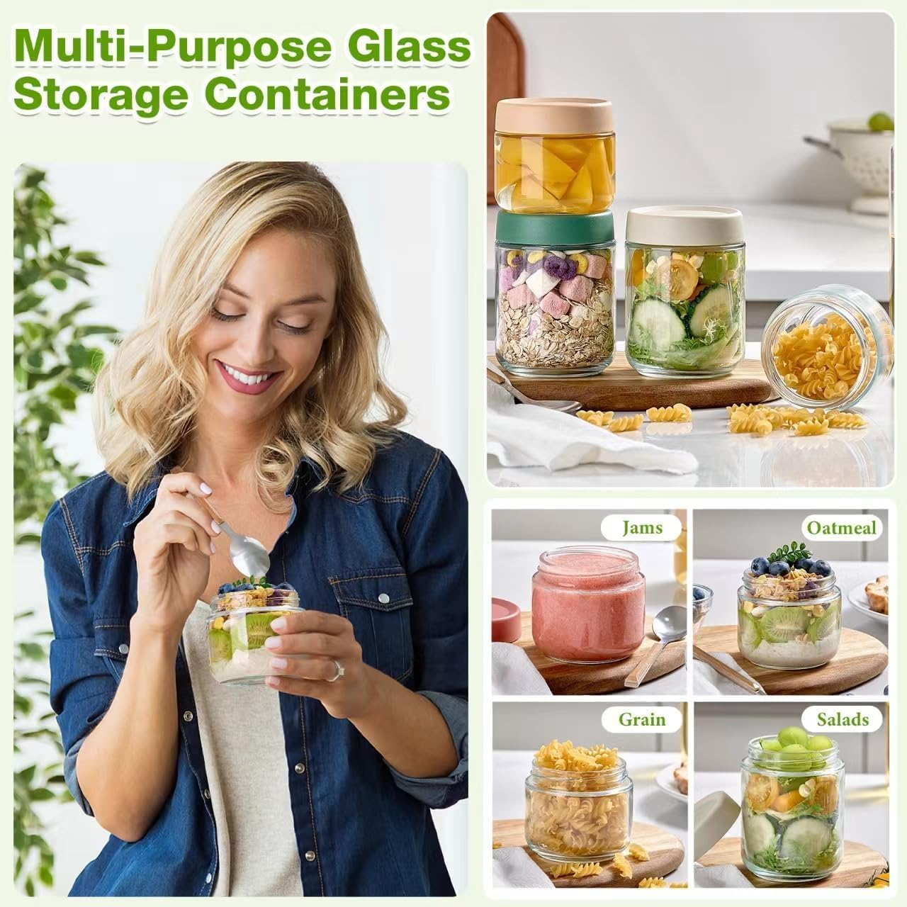 Misenfar 8 Pack 480/350Ml(16/12Oz) Overnight Oats Containers with Lids, Wide Mouth Glass Jars with Airtight Lids, Glass Food Storage Containers for Yogurt, Salad, Chia Pudding, Snacks, Cereal & Spices image number 6