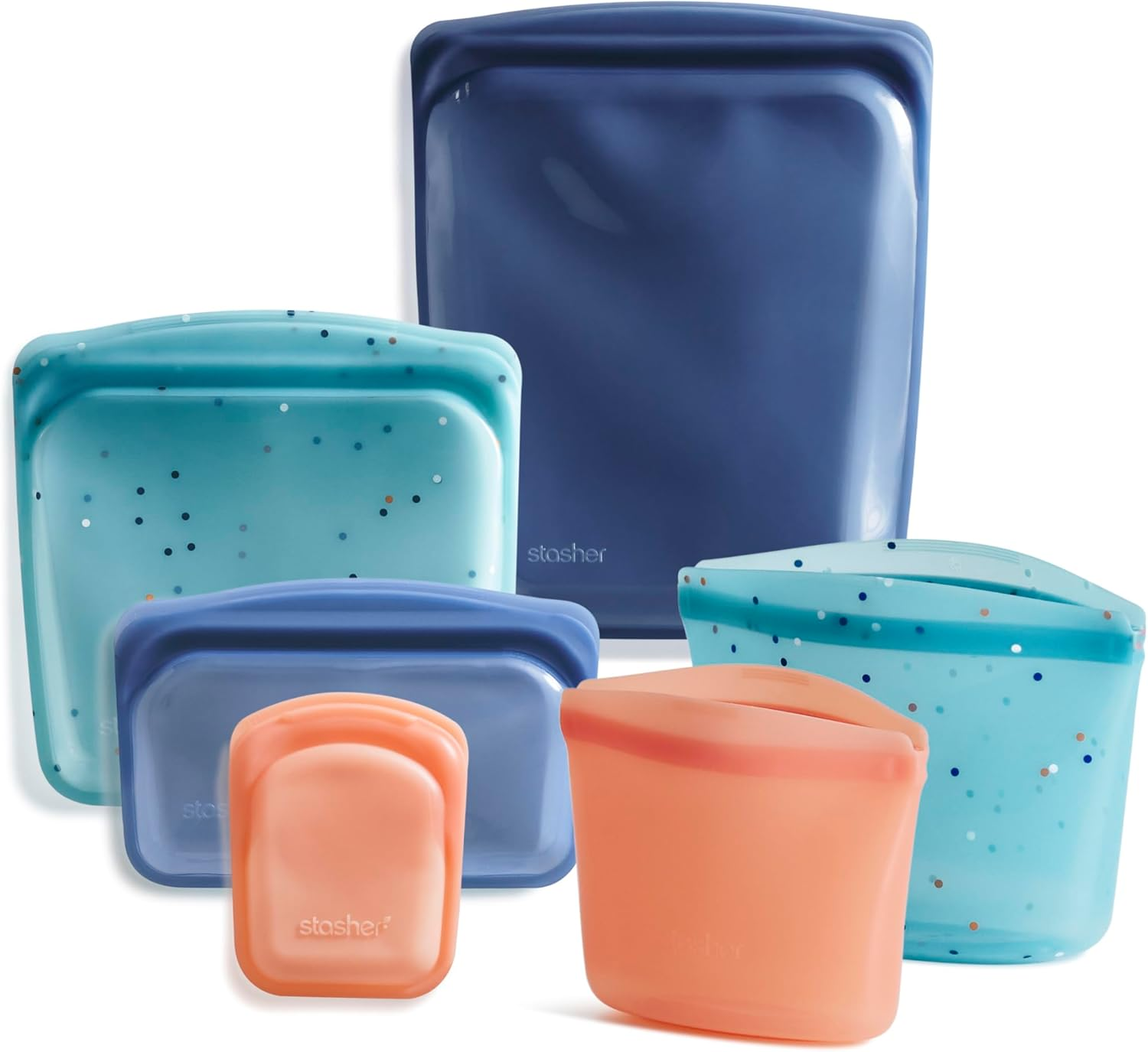 Stasher Premium Silicone Reusable Food Storage Bags, 6-Pack, Starter Kit, Clear | Multi-Use Food Storage Bags, Lunch Bag, Travel Containers | BPA Free, Leak-Free, Dishwasher-Safe, Eco-Friendly