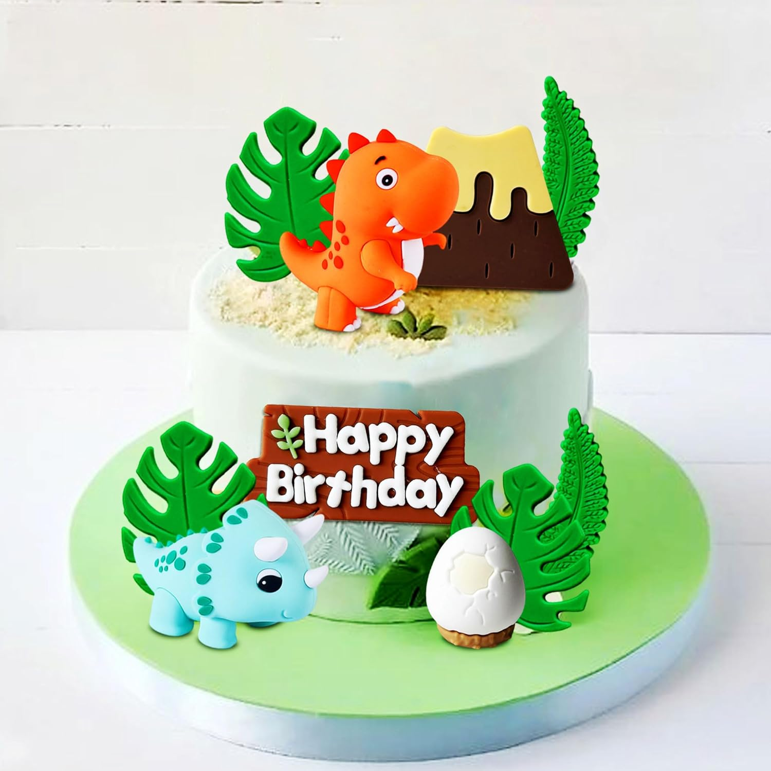 Jevenis Luxury Little Dinosaur Cake Decorations Dinosaur Cupcake Topper Green Rex Three Dino Cake Toppers for Birthday Baby Shower Party Supplies - Brown image number 2