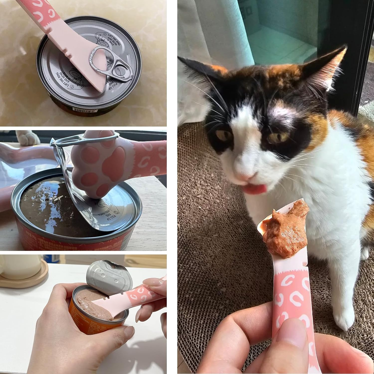 SJANE Cat Food Can Spoons & Can Lids | 4 Pcs | Colorful Multi-Function Cute Paw Shape Can Opener | Universal Silicone Pet Food Can Covers | Wet Food Spatula for Kittens and Dogs(Pink+Blue) image number 2