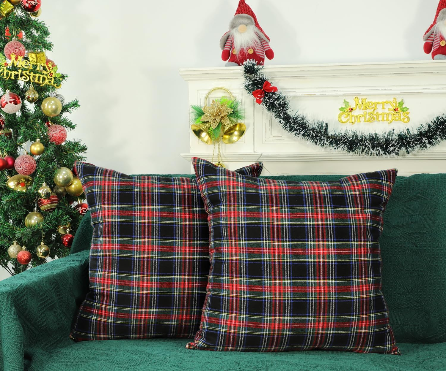 4TH Emotion Set of 2 Christmas Scottish Tartan Plaid Throw Pillow Covers Cushion Case Cotton Polyester for Farmhouse Home Decor Red and White, 20 X 20 Inches