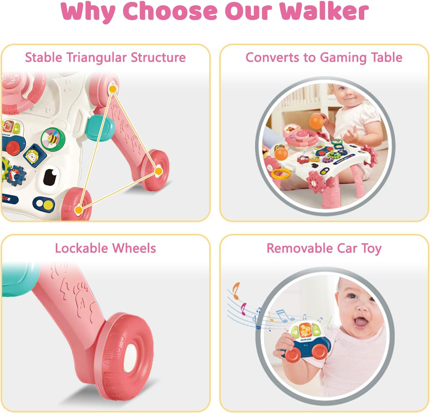 Uandhome 5 in 1 Baby Walker for 36 Months,Sit to Stand Learning Walker and Activity Center, Musical Toys for Babies 36 Month, Children Walking Toy, Early Educational Toy for Infant Boys Girls(Pink) image number 6