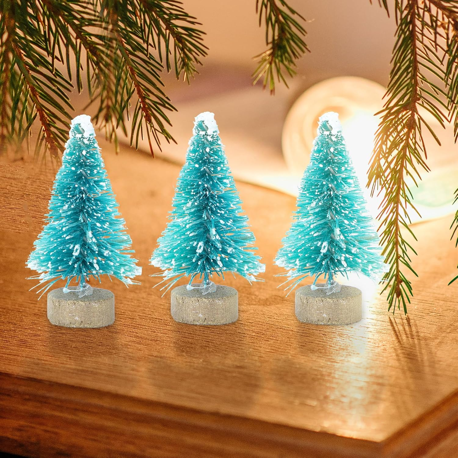 VALICLUD Christmas Tree, Mini Christmas Tree Decoration Tabletop, 24 Pieces, Snow Frosted Tree with Wooden Base for Christmas Party Office Restaurant Home Decor (Teagle) image number 1
