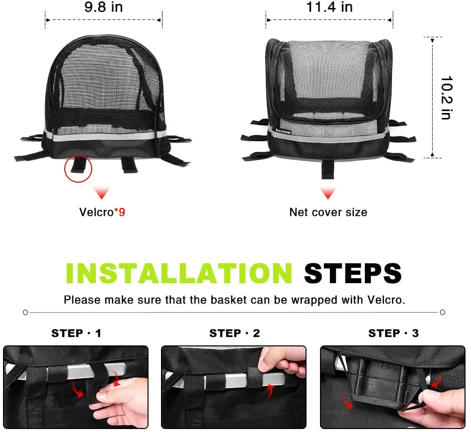 ANZOME Bike Basket Cover, Removable Full Zip Opening Dog Bike Basket Cover, Easily Put in & Take Out Breathable Net for Maximum Basket 12.9&rdquo;L*8.6&rdquo;W (Basket Not Included)