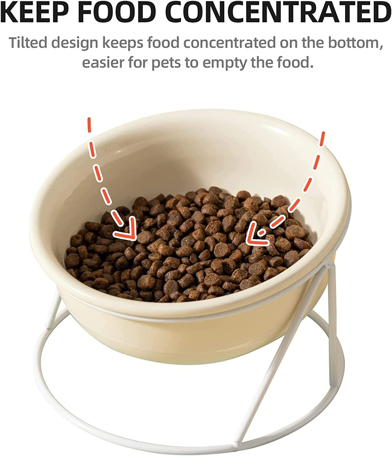 HUIRUMM Ceramic Cat Bowl,Ceramic Raised Cat Dishes,Cat Bowl Elevated, Raised Cat Food Bowl,20 Ounces Pet Food or Water Bowls with Metal Stand,Tilted Cat Dish for Food and Water,No Spill (White) image number 2