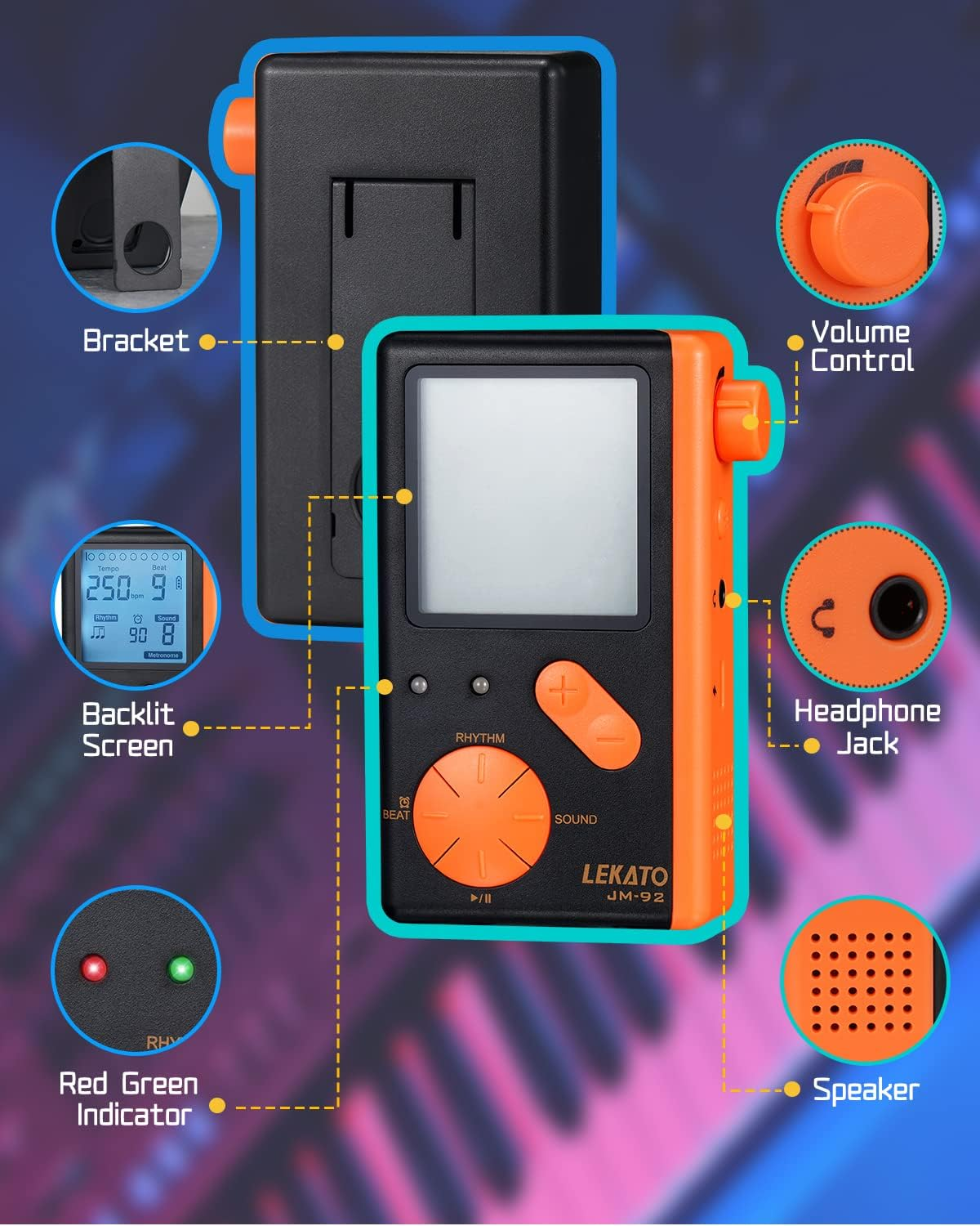 Electronic Digital Metronome for Piano Guitar Drum Ukulele Practice, Metronome with Timer, 8 Beat Tones, Tone Generator for All Instruments, Black Orange, by LEKATO image number 1