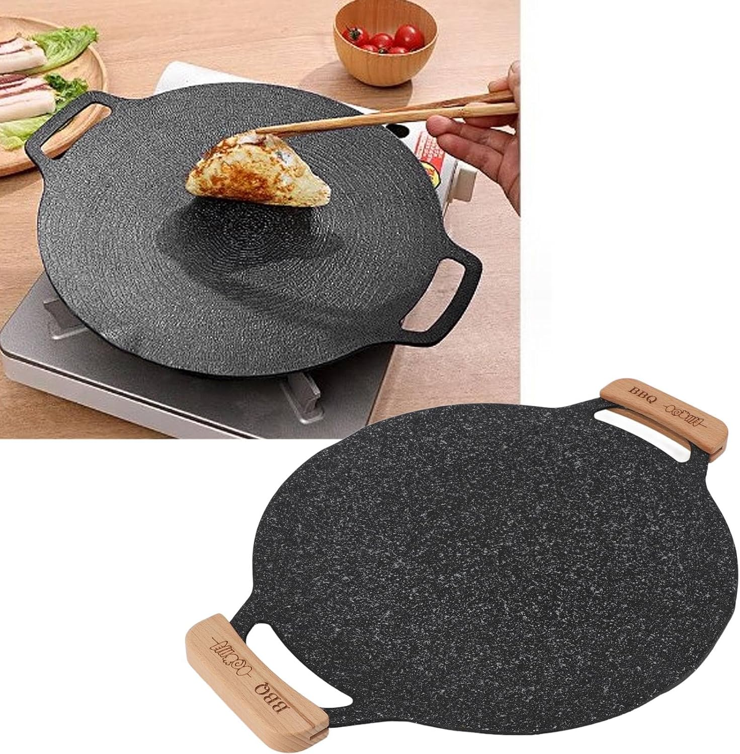 Korean BBQ Grill Pan, Nonstick round Griddle Grill Pan, Portable round Cast Iron Skillet with Handle, Multifunctional Stove Plate for Meats, Pancakes, Korean Grill Pan For image number 4