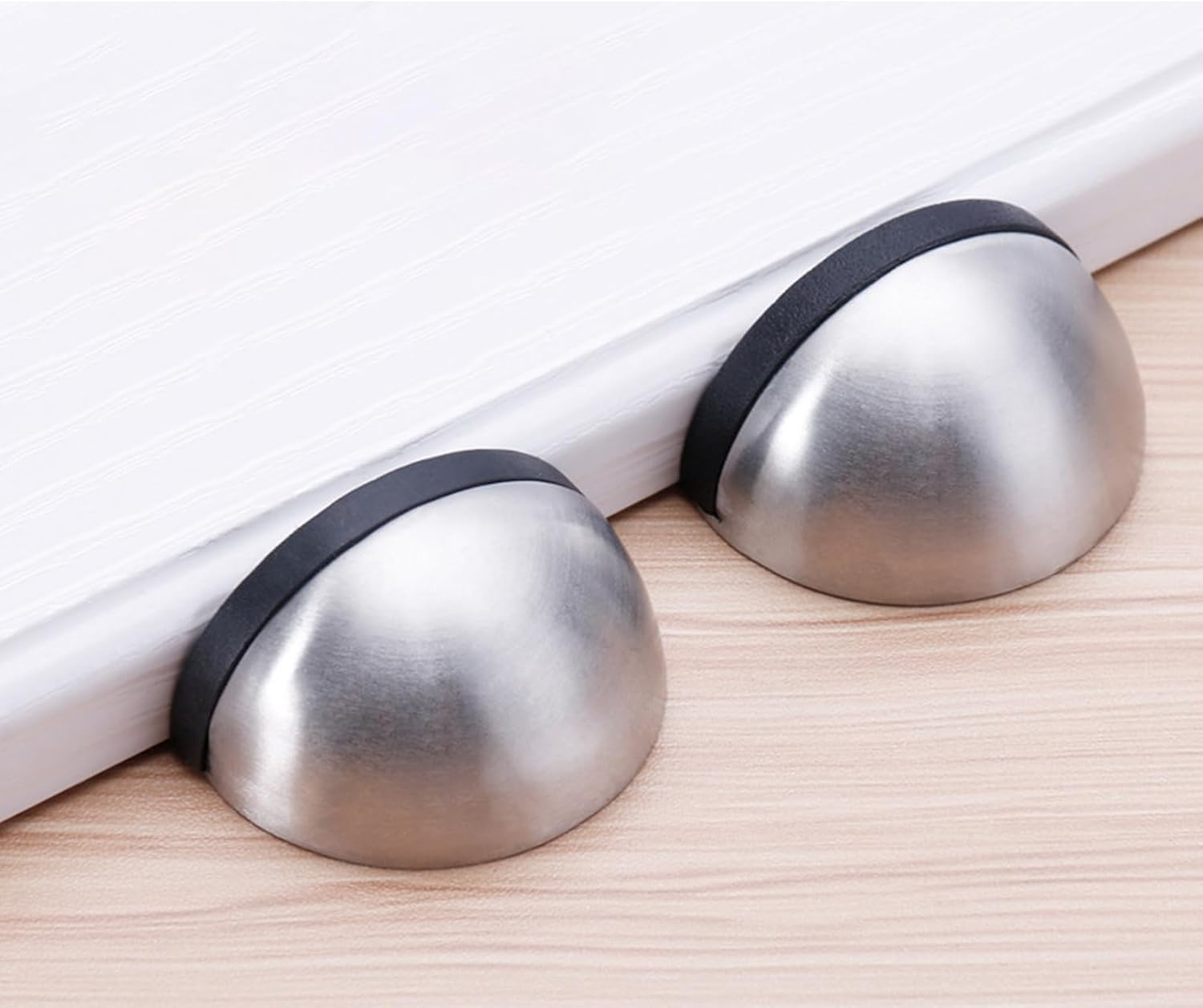 Heavy Duty Floor Door Stopper, Set of 2 Silver Stainless Steel Door Stopper with Rubber Bumper, Floor Mounted Doorstop with Hardware Screws and Adhesive, Dust-Proof and No Rust