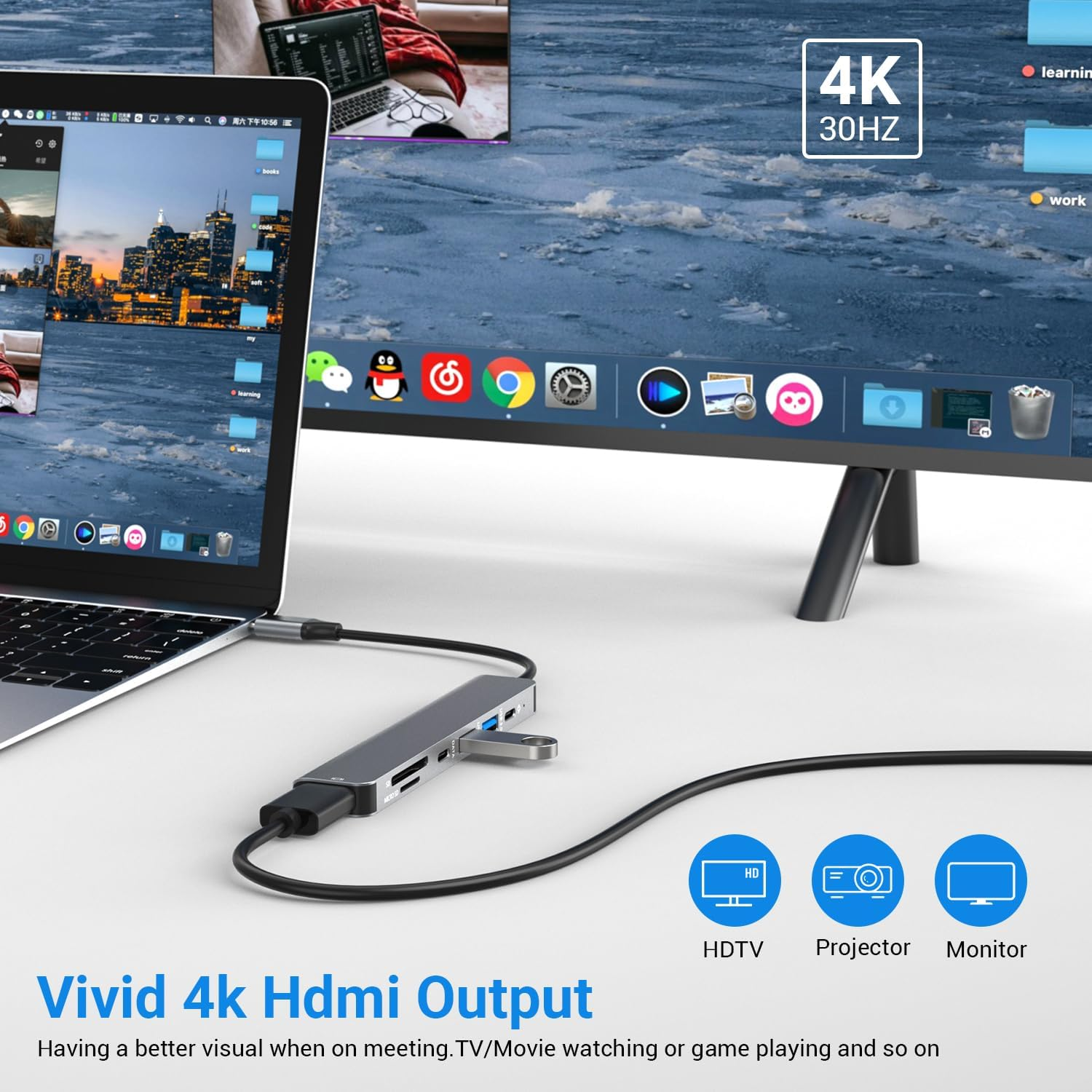 USB C HUB（7 in 1） Multiport Adapter 4K HDMI, USB 3.0, USB 2.0, SD/TF Card Reader, 5Gbps USB C Data Port, 100W PD Charging, Type C Dongle for Macbook, Macbook Pro, Macbook Air, DELL Etc. image number 3
