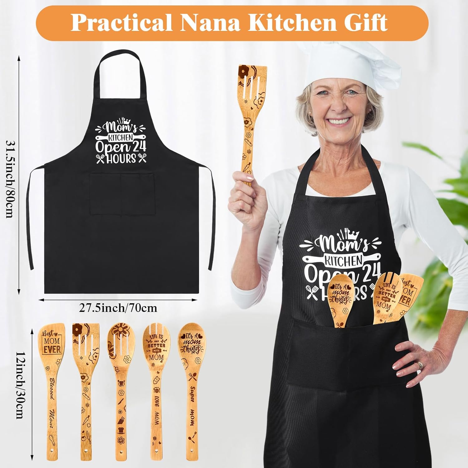 7 Pcs Gifts for Grandma Mom NANA, Christmas Gifts Birthday Gift Wooden Adjustment Cookbook Stand Cooking Utensils Set Kitchen Apron for Birthday Christmas Thanksgiving Winter Gift (Mom) image number 3