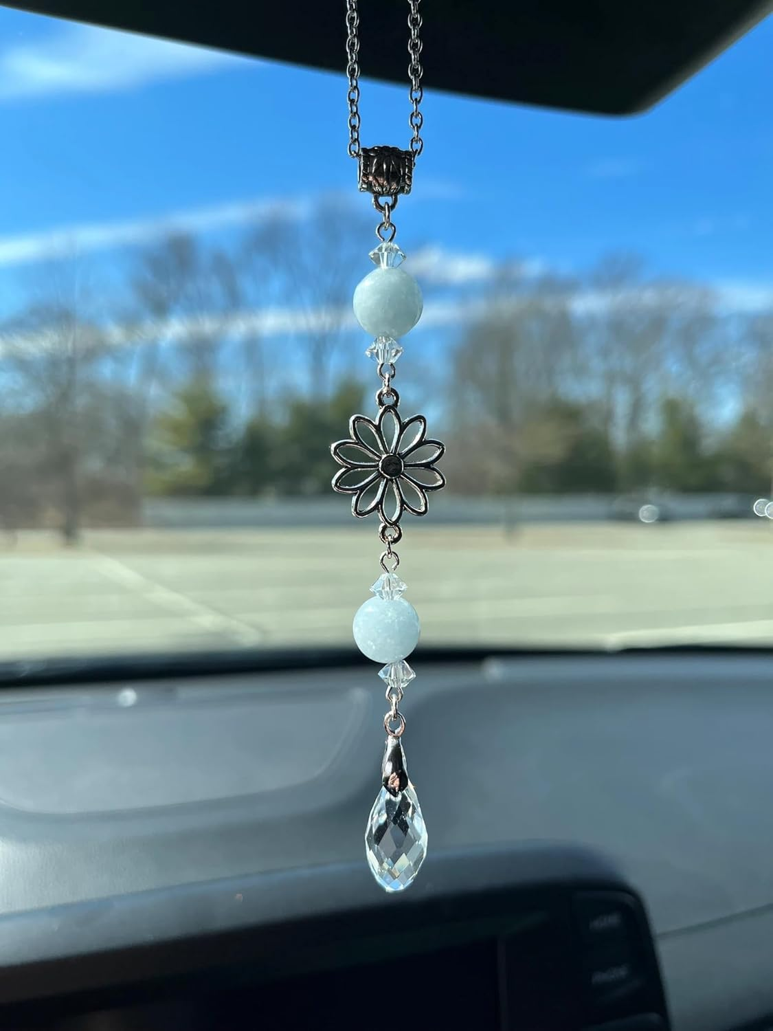Agromusk Flower Rear View Mirror Car Charms,Crystal BOHO Car Mirror Hanging Decor for Women Men Healing Blue Aquamarine Sun Catcher Cute Car Decorations Accessories
