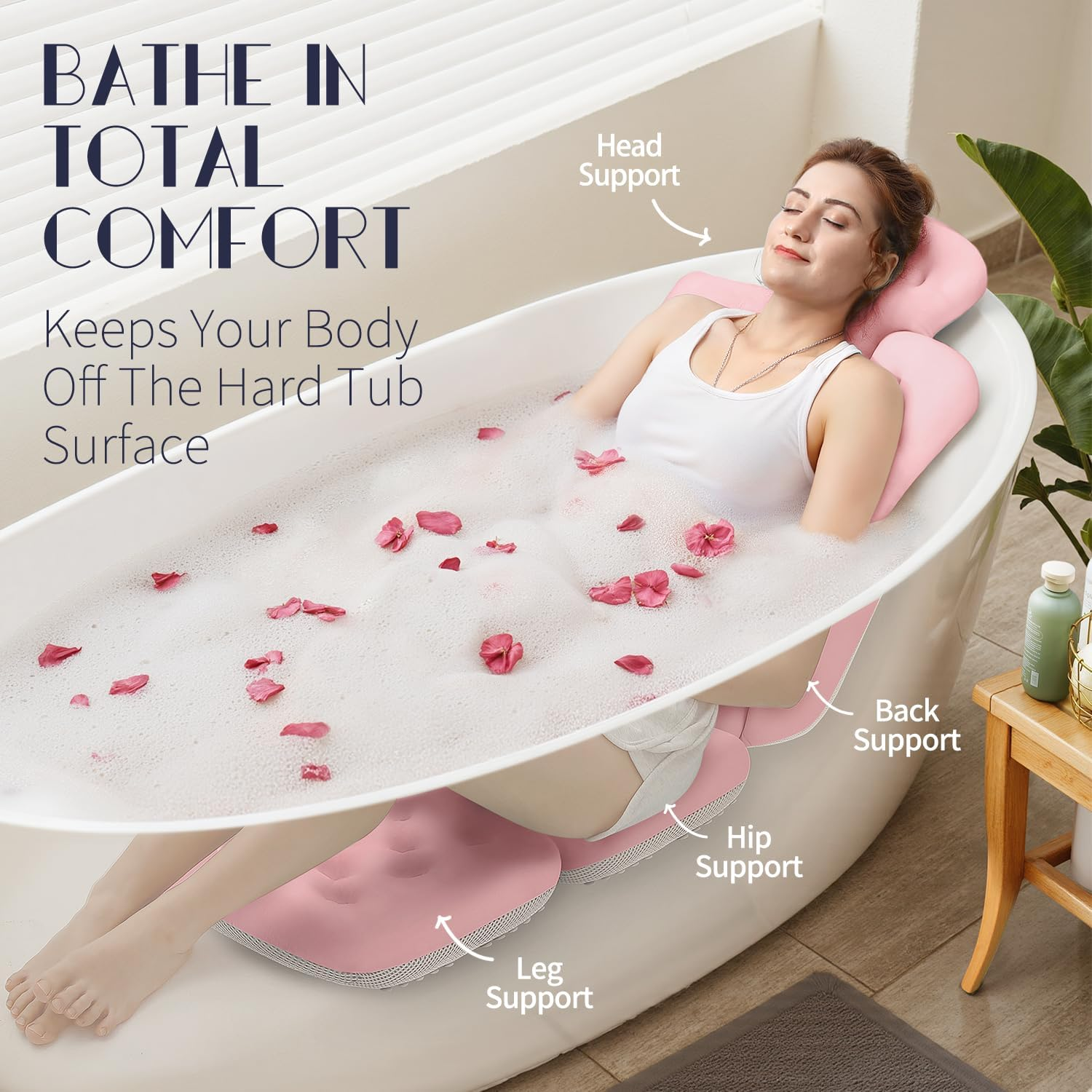 Full Body Bath Pillow for Bathtub, Thick Bathtub Cushion with Laundry Bag, Luxury Tub Pillow for Bath for Headrest Neck and Back Support Pink 51" X 16"