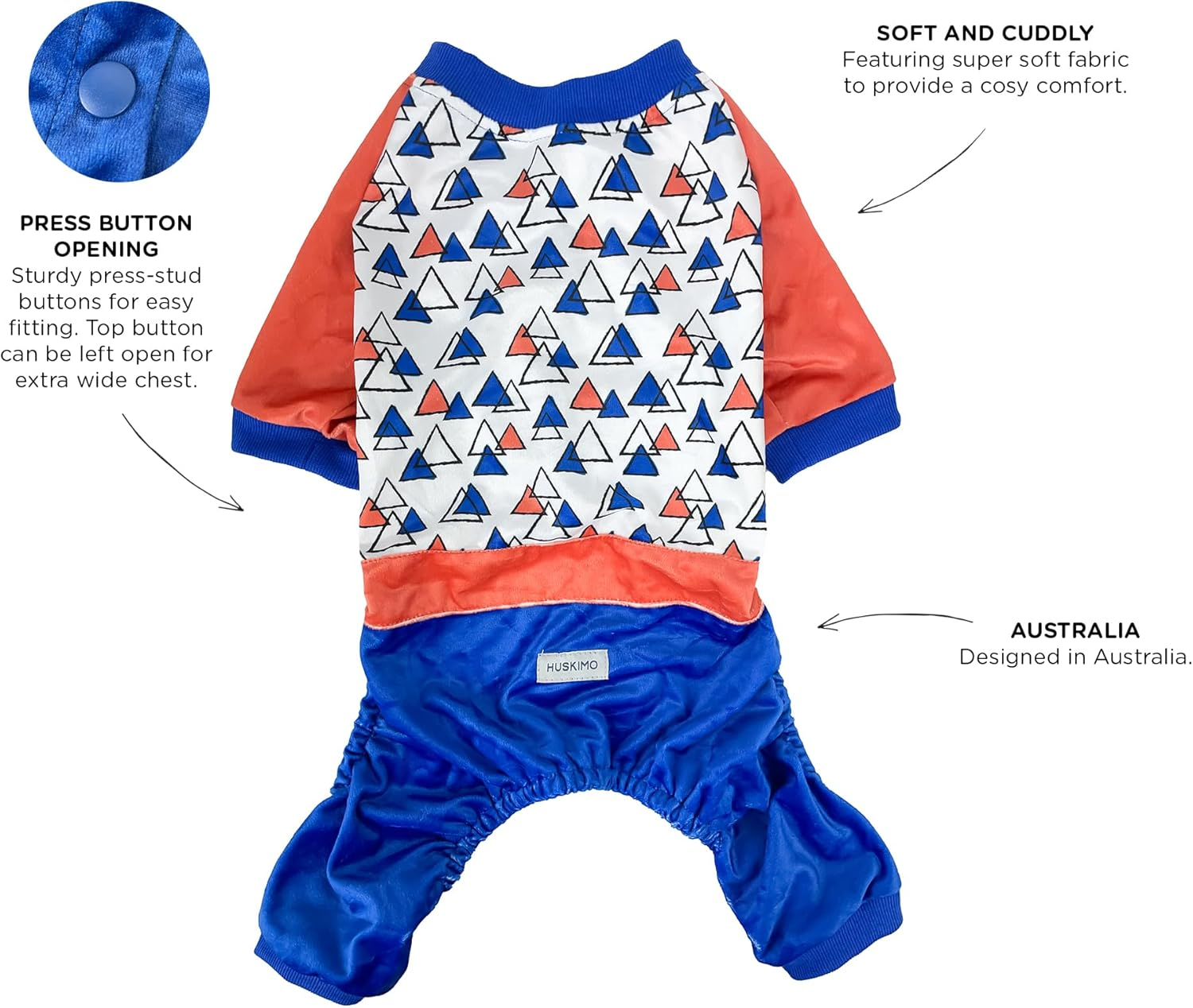 Huskimo Dog Pyjamas Triangle Blue 67Cm &ndash; Soft Dog Pajamas for Winter, Cute Triangle Print, Press-Stud Closure, High Cut Belly, Machine Washable, 8 Size image number 5