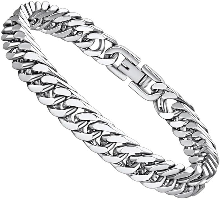 Bracelets for Men, Mens Jewelry with Gift Box Stainless Steel Simple Cuban Chunk Link Silver Bracelet for Men and Boys