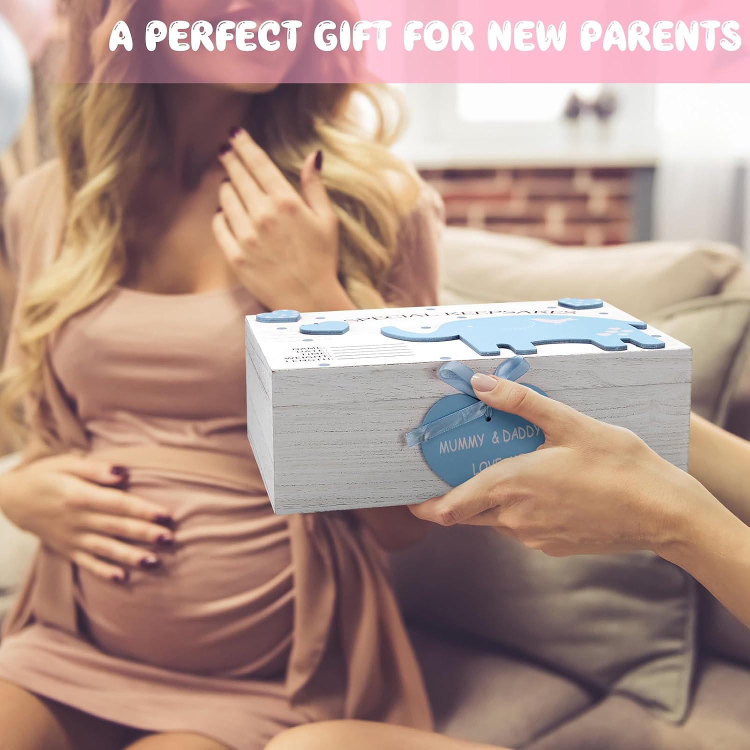 Soaoo 3D Wooden Baby Boys Memories Keepsake Box Baby Girls Elephant First Keepsake Box New Parent Newborn Baptismal Birthday Gift for Mementos 11.81'' X 7.87'' X 3.94''(Blue) image number 2