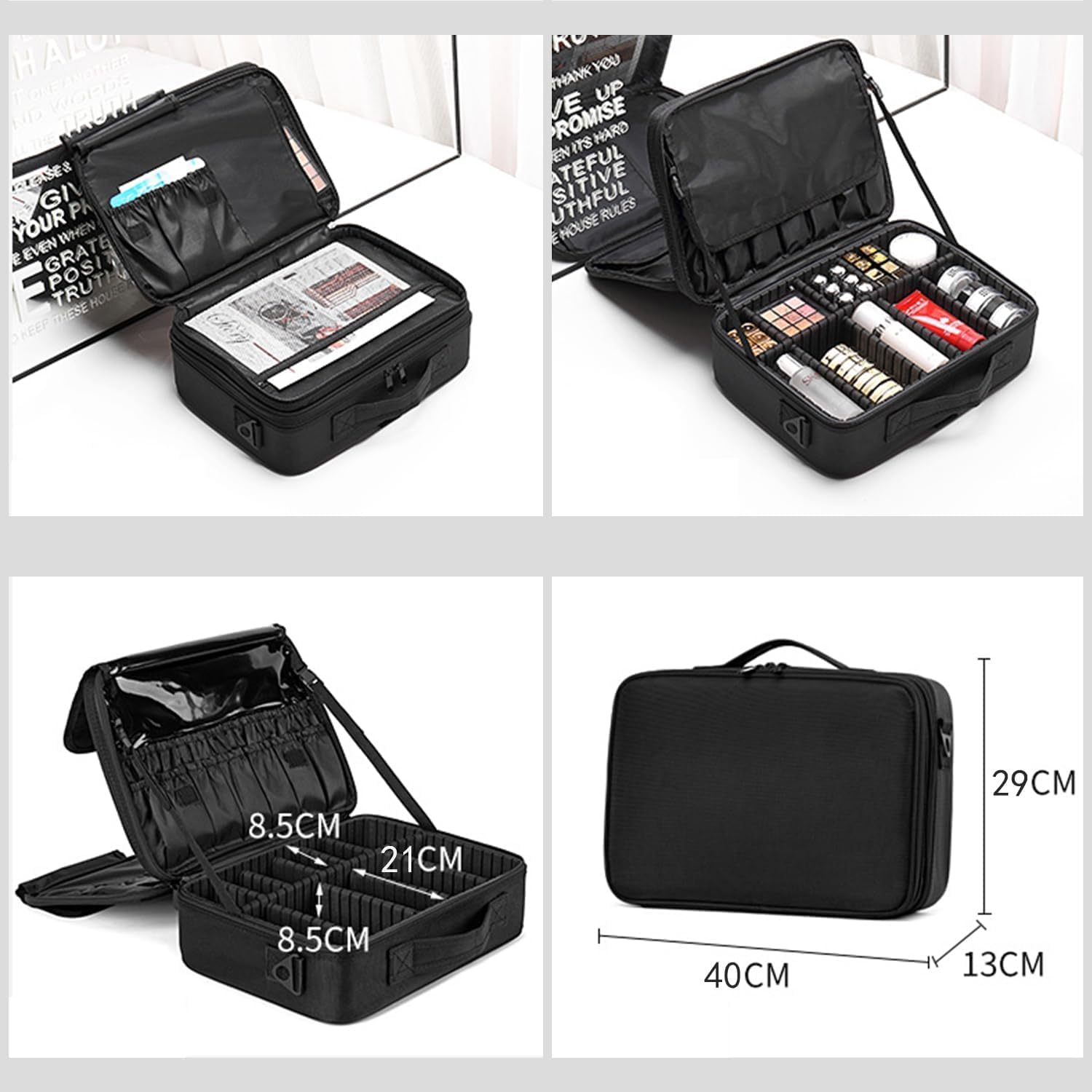 Makeup Bag, Large Makeup Case Makeup Organisers Travel Makeup Bag, Professional Cosmetic Bag Artists Case Brush Holder with Brush Slots Adjustable Divider Waterproof Material (XL, Black) image number 3