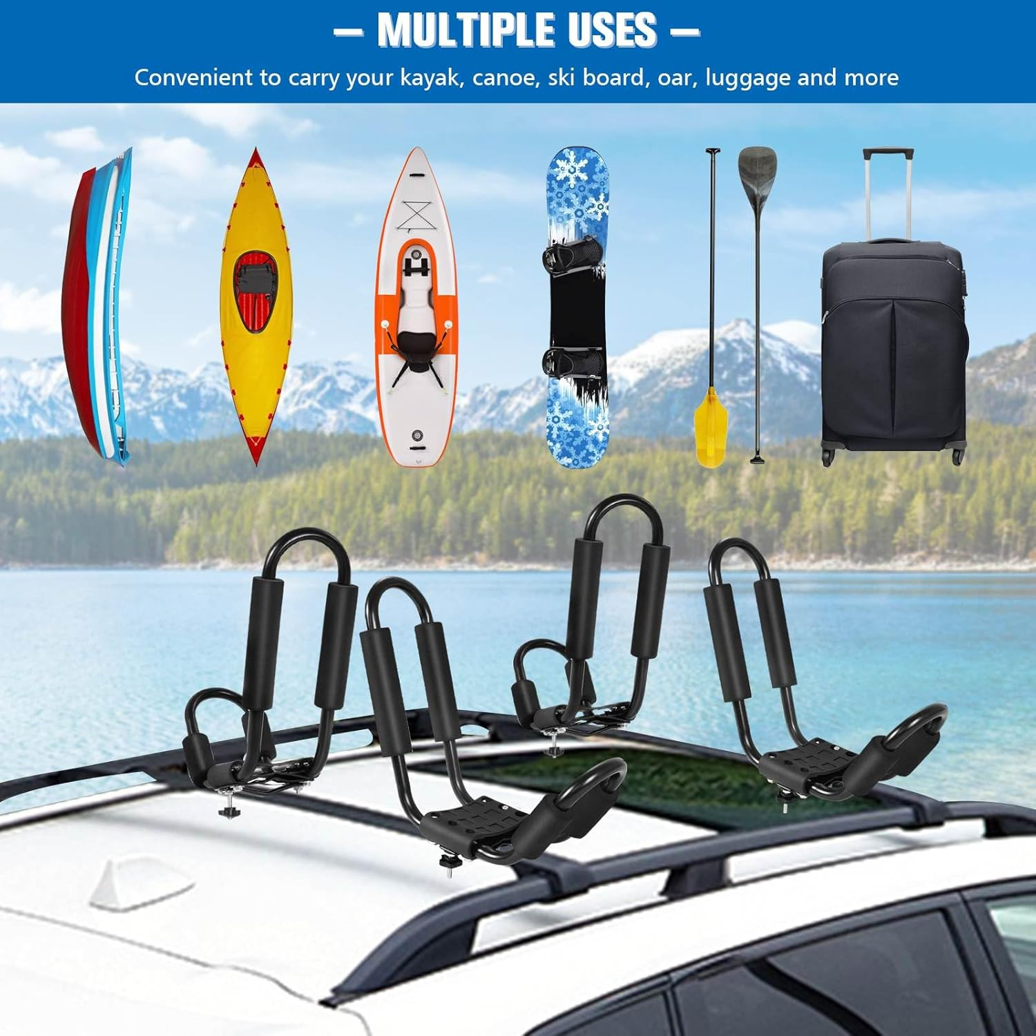 Costway Set of 4 U-Bar Kayak Racks with Bandage, Kayak Roof Rack with Easy Installation, Car Roof Rack for Kayaks, Surfboards, Black image number 4