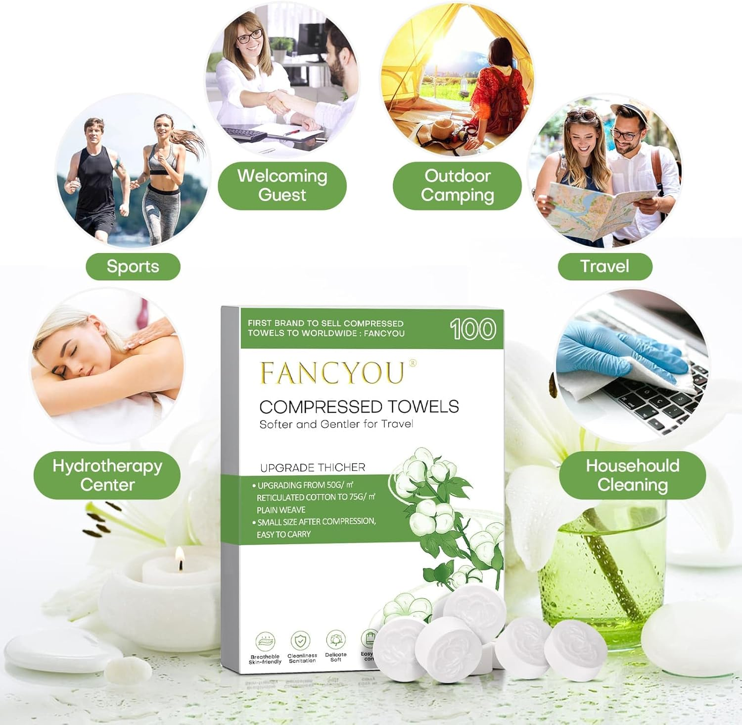 Fancyou Compressed Towels Tablets, Thick Disposable Face Towel Compact Portable Cotton Wipes Coin Tissues for Mini Travel Essentials, Travel Skin Care, Beauty Salon, Gym, Tattoo, Home(100 Count Green) image number 1