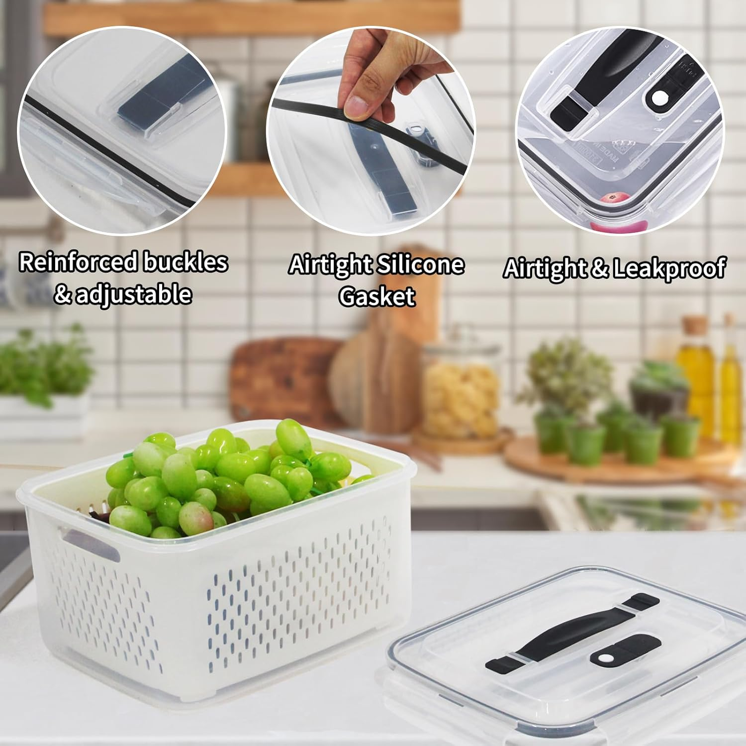 4 Pack Fruits Storage Containers for Fridge, Leakproof Produce Food Storage with Removable Colanders & Lids, Large Fruits Veggie Wash - Dishwasher & Microwave Safe Keep Vegetables Berry Fresh Longer image number 2