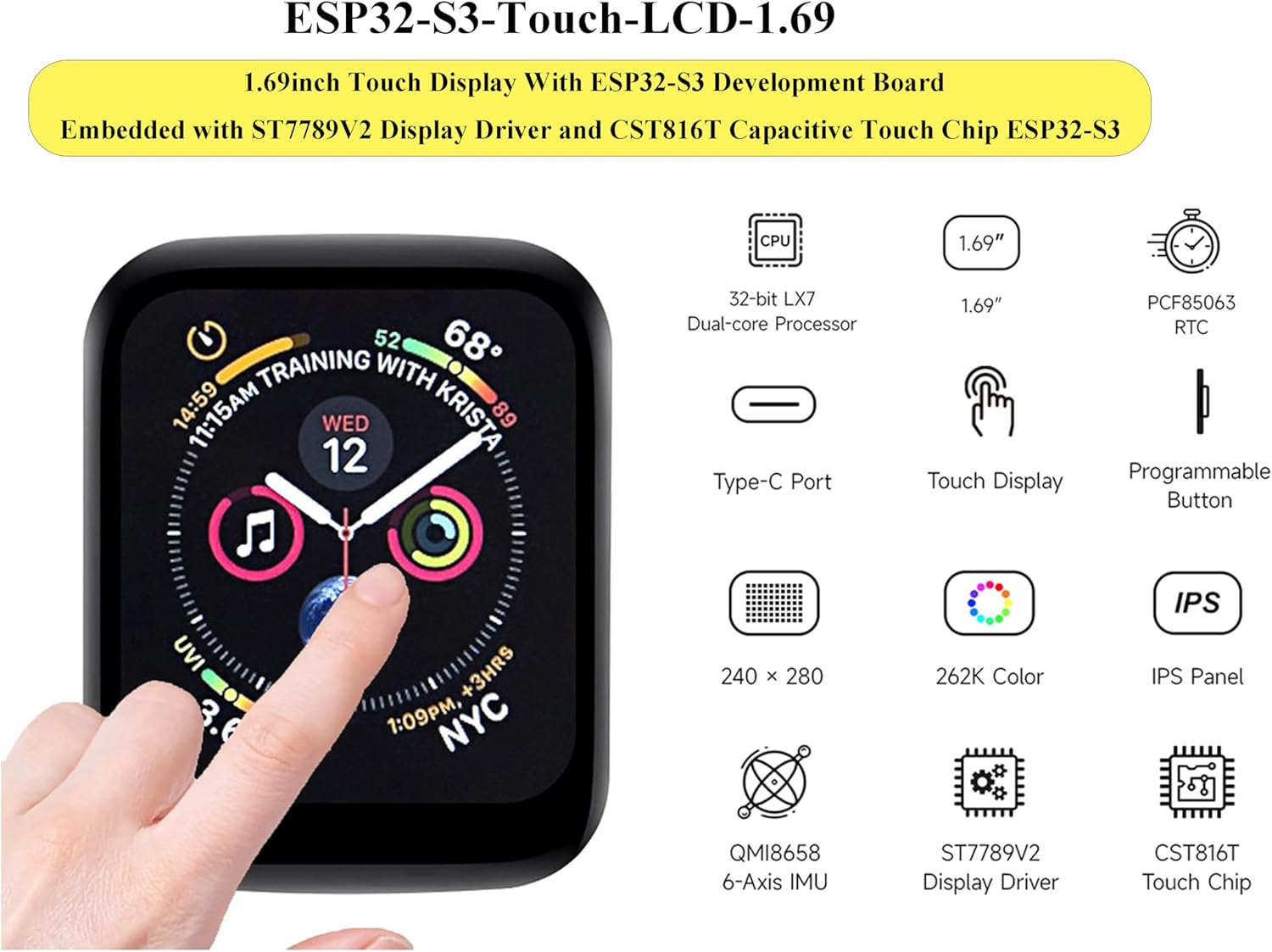 ESP32-S3 1.69Inch Touch Display Development Board, 240&times;280 Pixels, 262K Color, Micro LCD Display with ESP32-S3, Accelerometer and Gyroscope Sensor image number 3