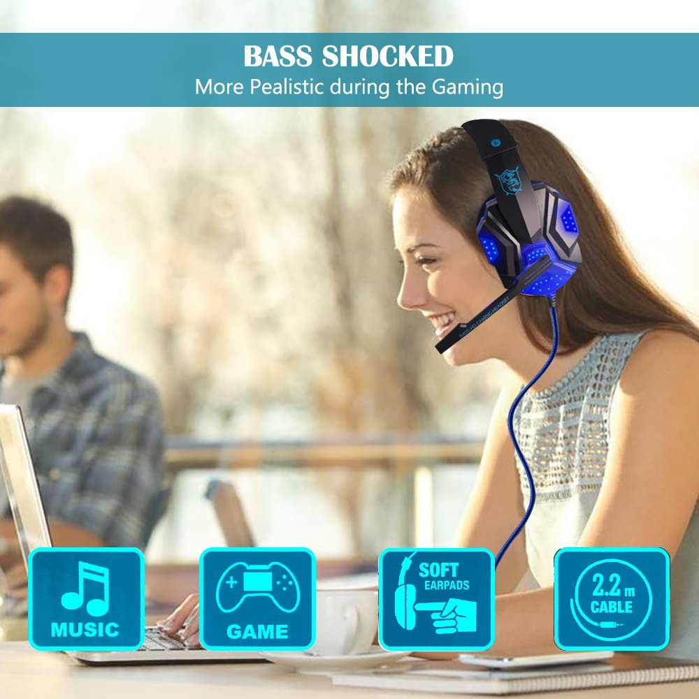 Gaming Headset with Mic and LED Light for Laptop Computer, Cellphone, PS4 and so On, Maxin 3.5Mm Wired Noise Isolation Gaming Headphones - Volume Control.(Black and Blue) image number 2