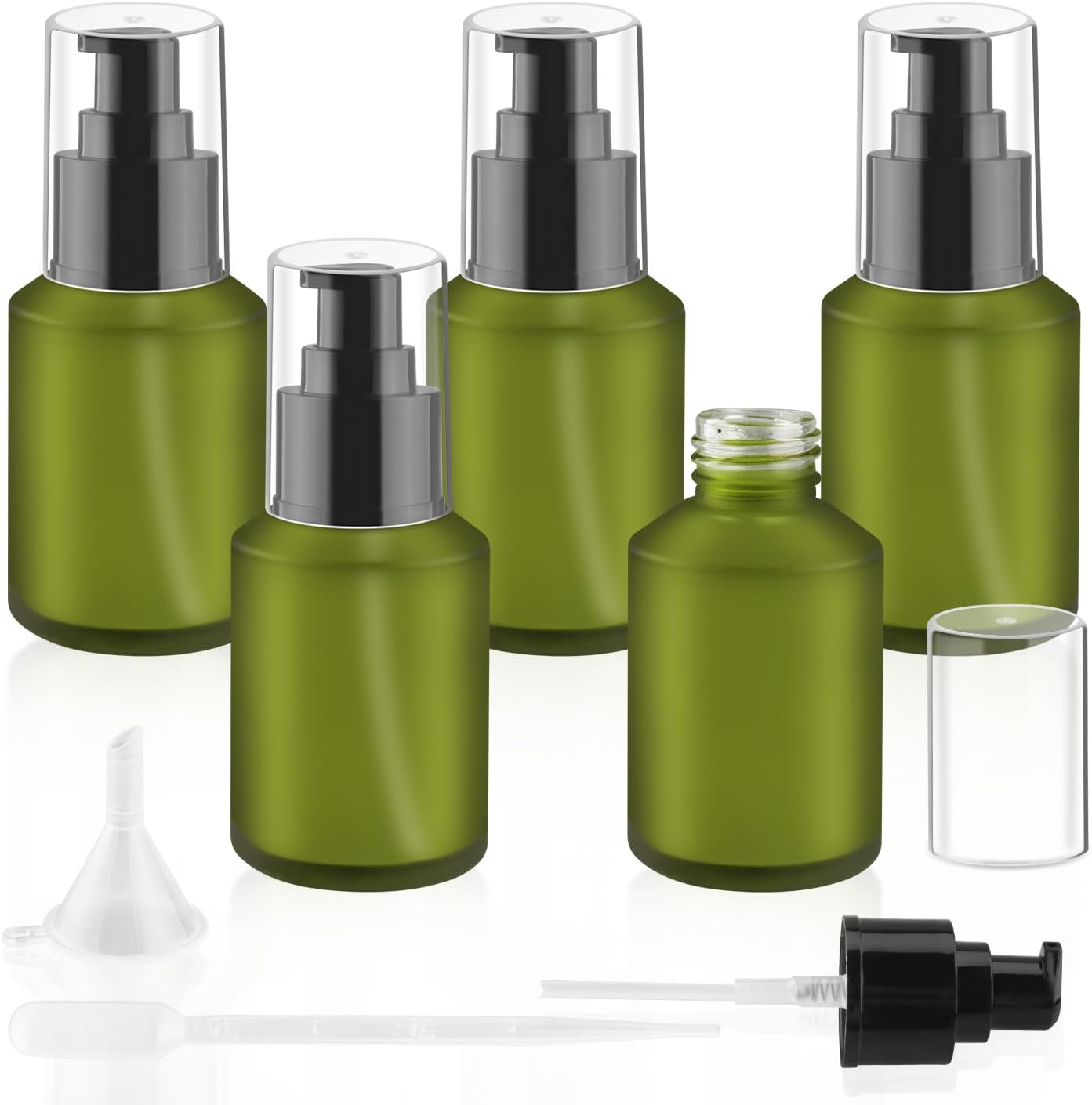 BOSMIOW 5 Pieces 60Ml/2Oz Empty Green Glass Lotion Pump Bottles,Refillable Essential Oil Jars with 1 Funnel and 1 Pipette,Cosmetic Sample Containers for Foundation,Cream,Gel,Shampoo image number 1