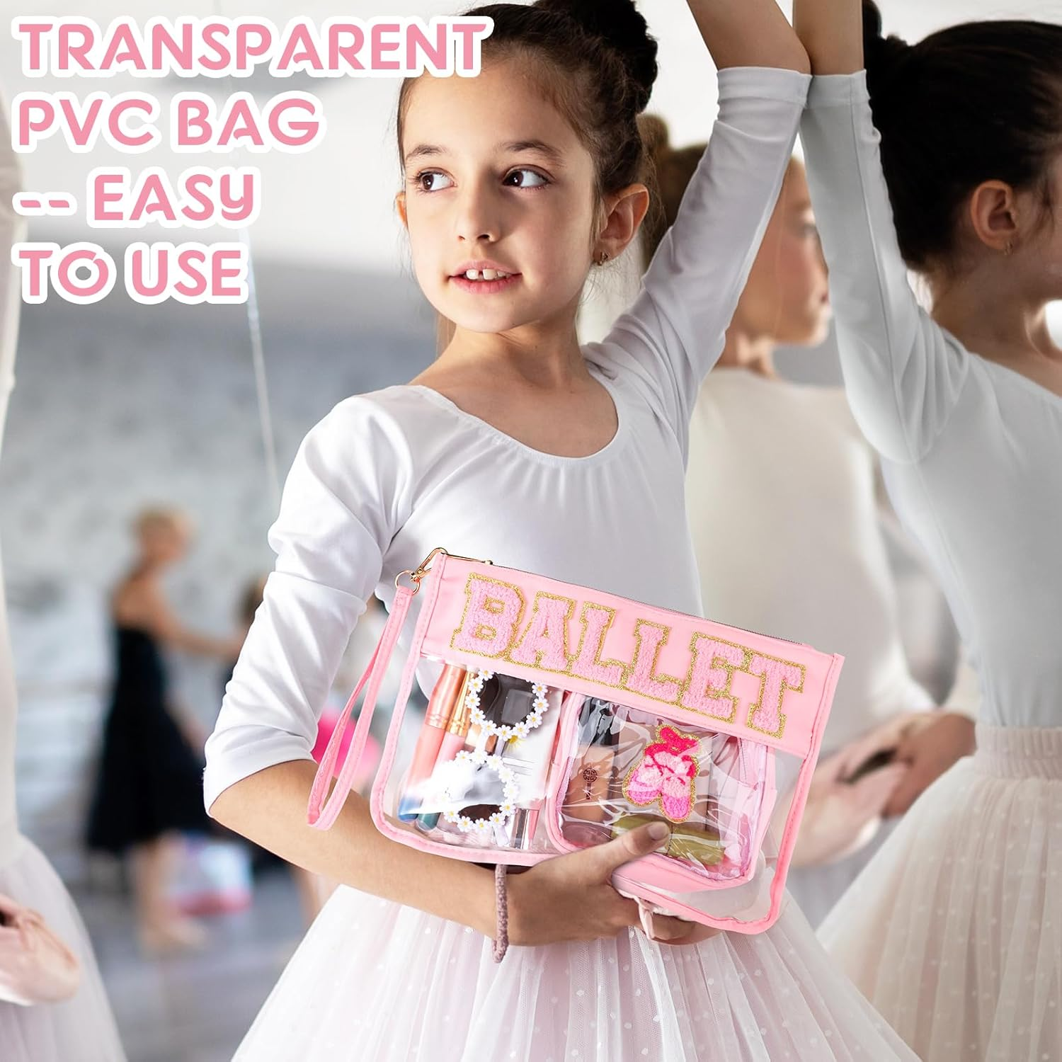 Hillban 2 Pcs Ballet Gifts Chenille Letter Bags Preppy Patch Makeup Bag Flat Clear Pouch PVC Organizer Purse Waterproof Travel Cosmetic Bag Portable Bag for Women Girl (Ballet Theme), Pink image number 5