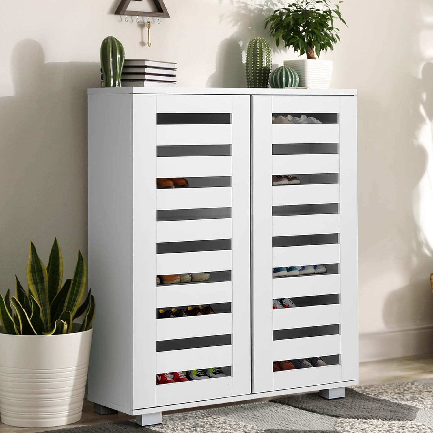 ALFORDSON Shoe Cabinet 30 Pairs Shoes Storage Rack Adjustable Cabinets Organiser Drawer Shelf with Slatted Doors, Wooden Home Furniture for Living Room, Entryway, Hallway, 97Cm Black