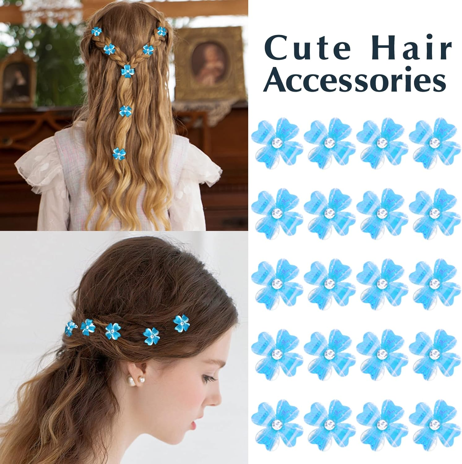 YISSION 20Pcs Mini Blue Flower Hair Clips with Rhinestone Cute Hair Pins Decorative Hair Clips Wedding Hair Barrettes Bridal Hair Accessories for Girls Women - Blue image number 5