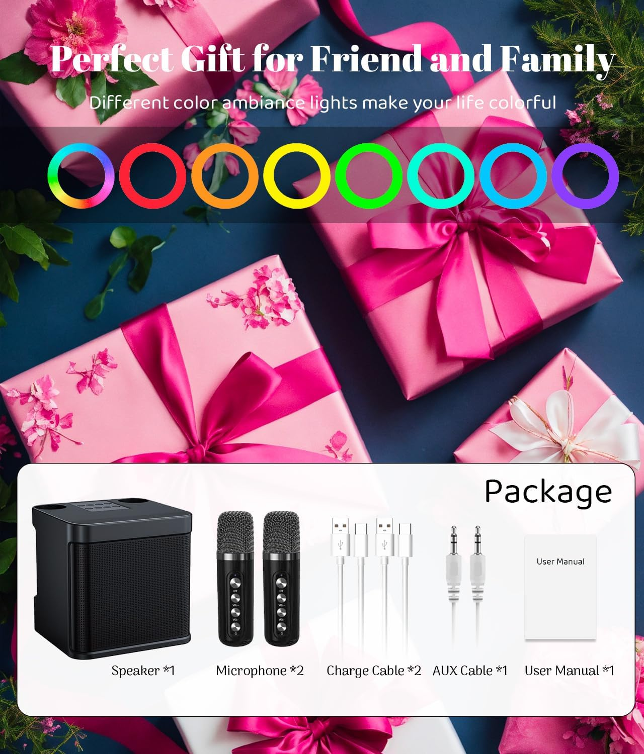 Karaoke Machine for Adults and Kids with 2 UHF Wireless Microphones,Portable Bluetooth Speaker PA Speaker System with LED Party Lights for Home Party, Picnic,Car,Outdoor/Indoor/Birthday Gifts image number 4